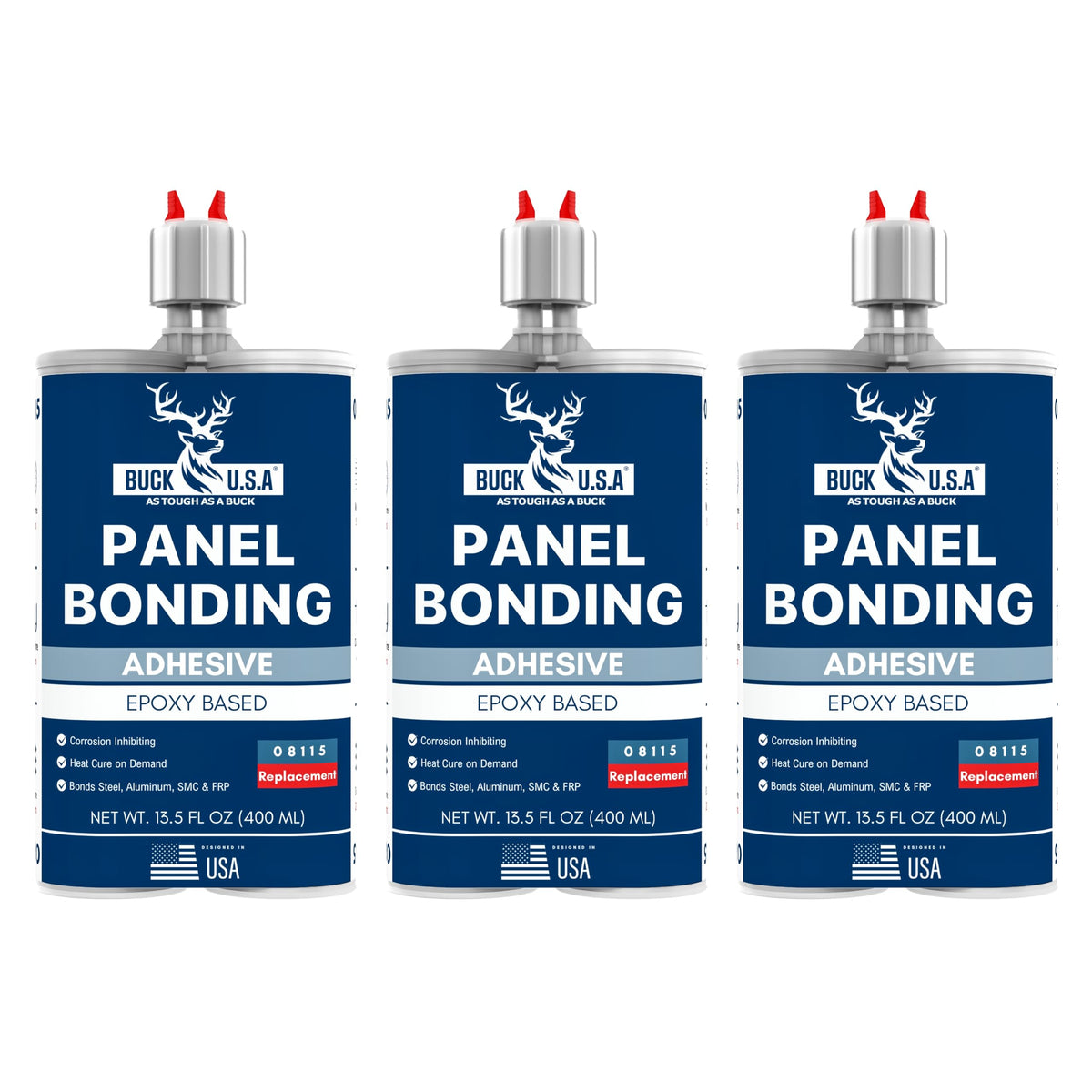 3 Pack Buck Panel Bonding Adhesive, Two-Part Epoxy, 400 ml/13.5 fl oz Cartridge, 08115 Replacement, Heavy Duty Metal Glue for Au