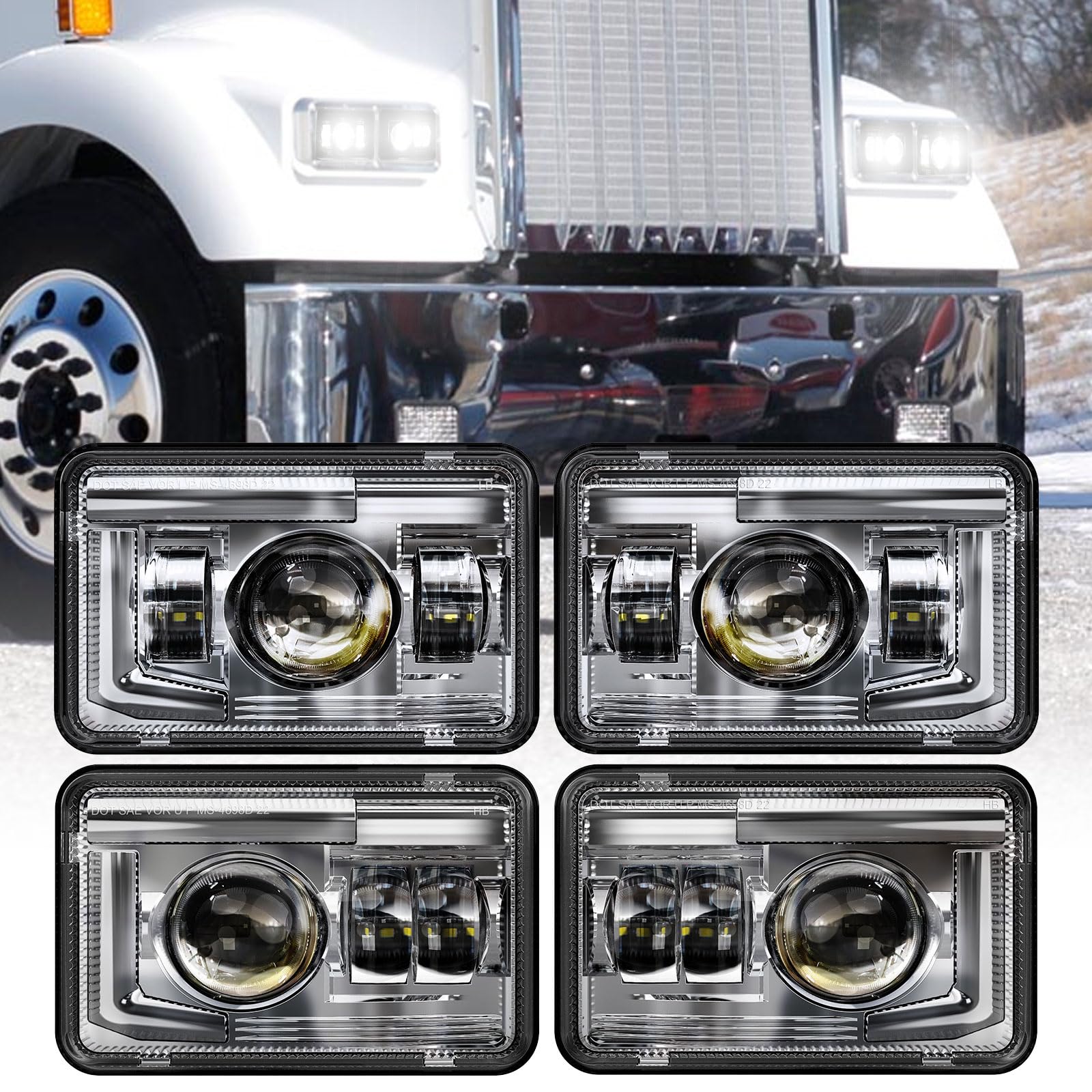 Bicyaco 4 Pcs Dot 120W 4X6 Inch Led Headlights Rectangular Replacement H4651 H4652 H4656 H4666 H6545 Compatible With Peterbilt K