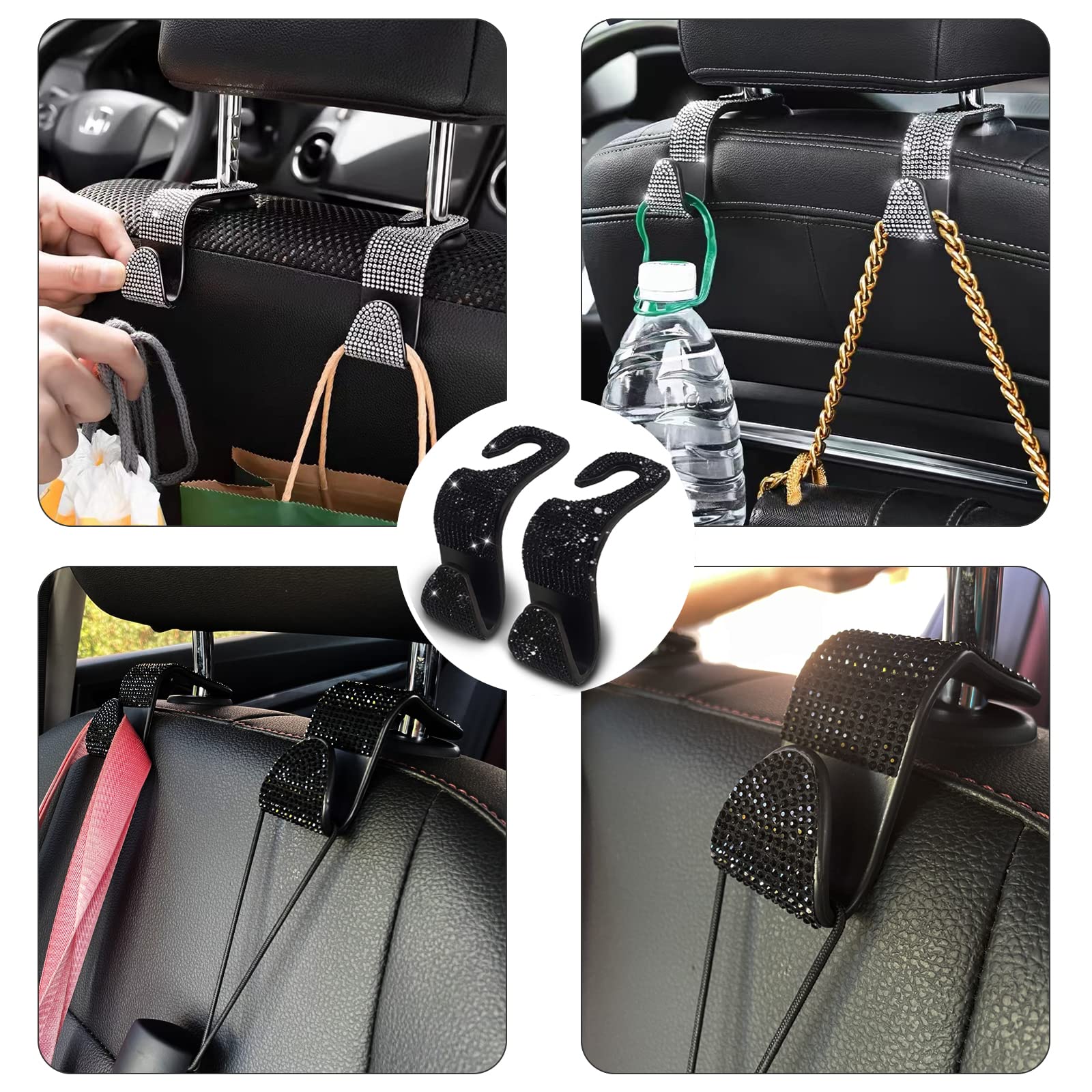 Osifit 2Pcs Car Seat Hooks - Bling Rhinestone Headrest Hooks With Universal Design - Perfect For Holding Handbags, Clothes, Purs