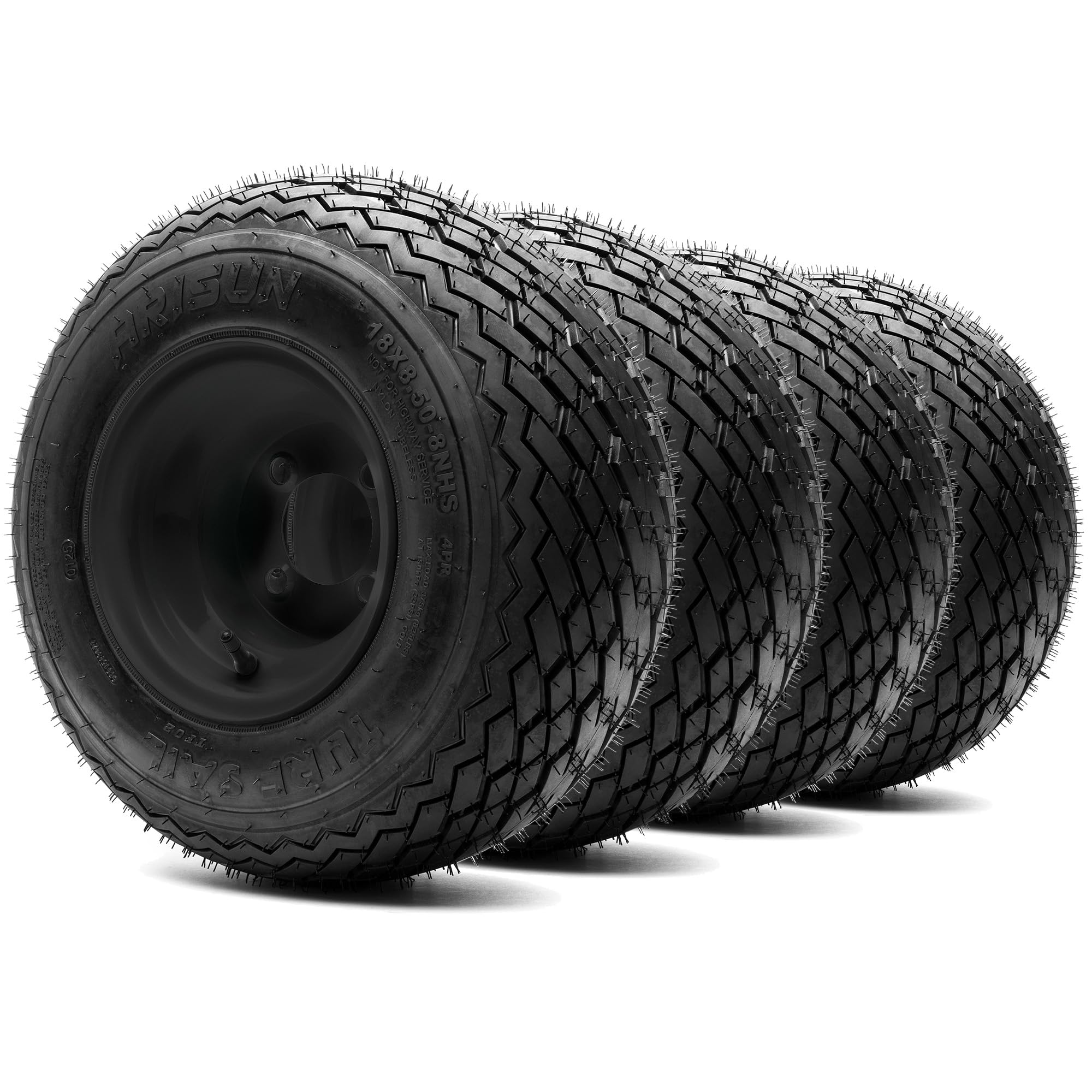 8 Steel Golf Cart Wheels Matte Black and Arisun Turf Sail (18/8.5-8) Golf Cart Tires - Set of Four