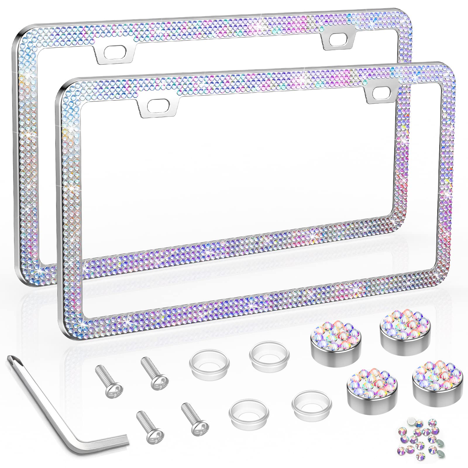 Share&Care Bling License Plate Frame, Crystal License Plate Cover, Car License Plate Holder With Rhinestone Crystal Diamond Screw Set - 2 Pack (Ab Color)