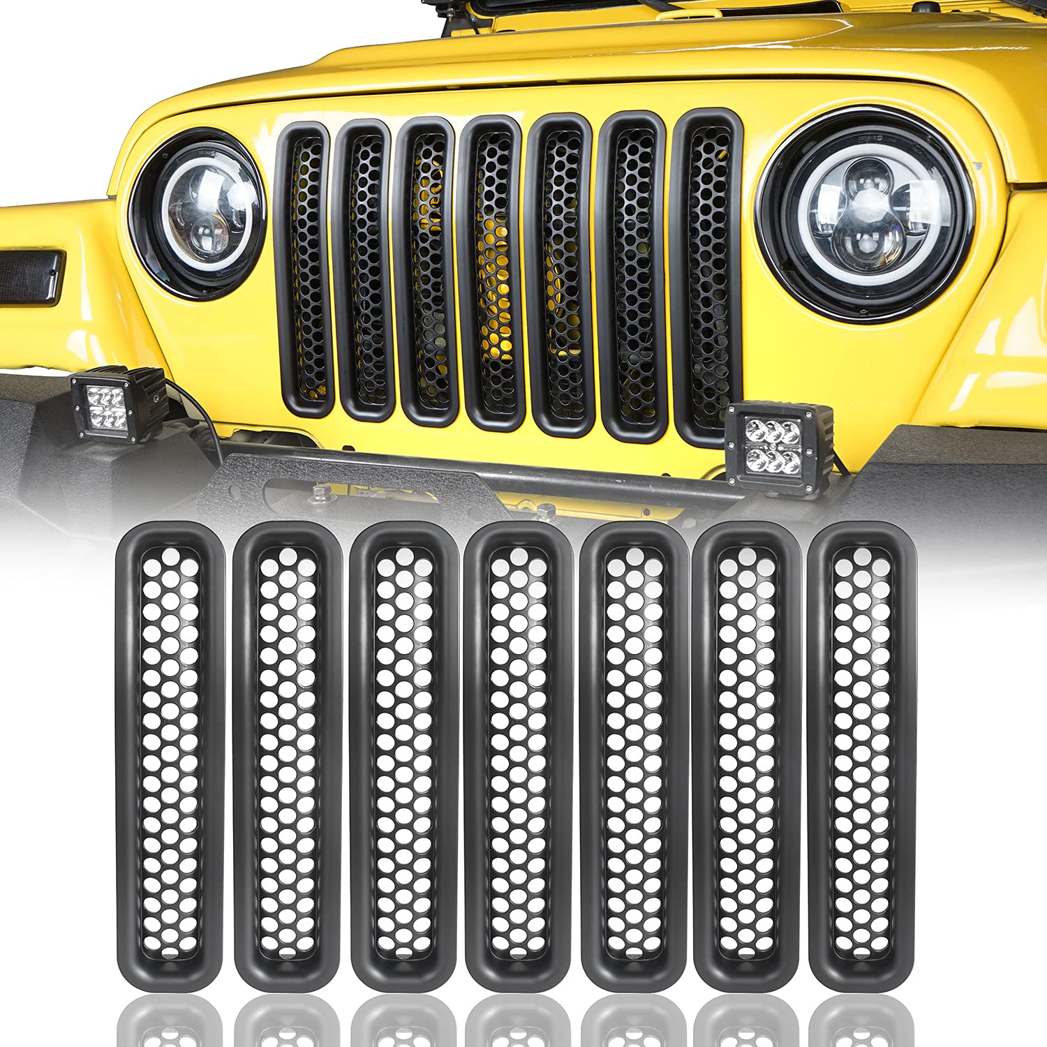 Wrangler Grill Insert Mesh Grille Cover Guards Clip-In For Jeep Tj Wrangler 1997 1998 1999 2000 2001 2002 2003 2004 2005 2006 - Black,7Pcs
