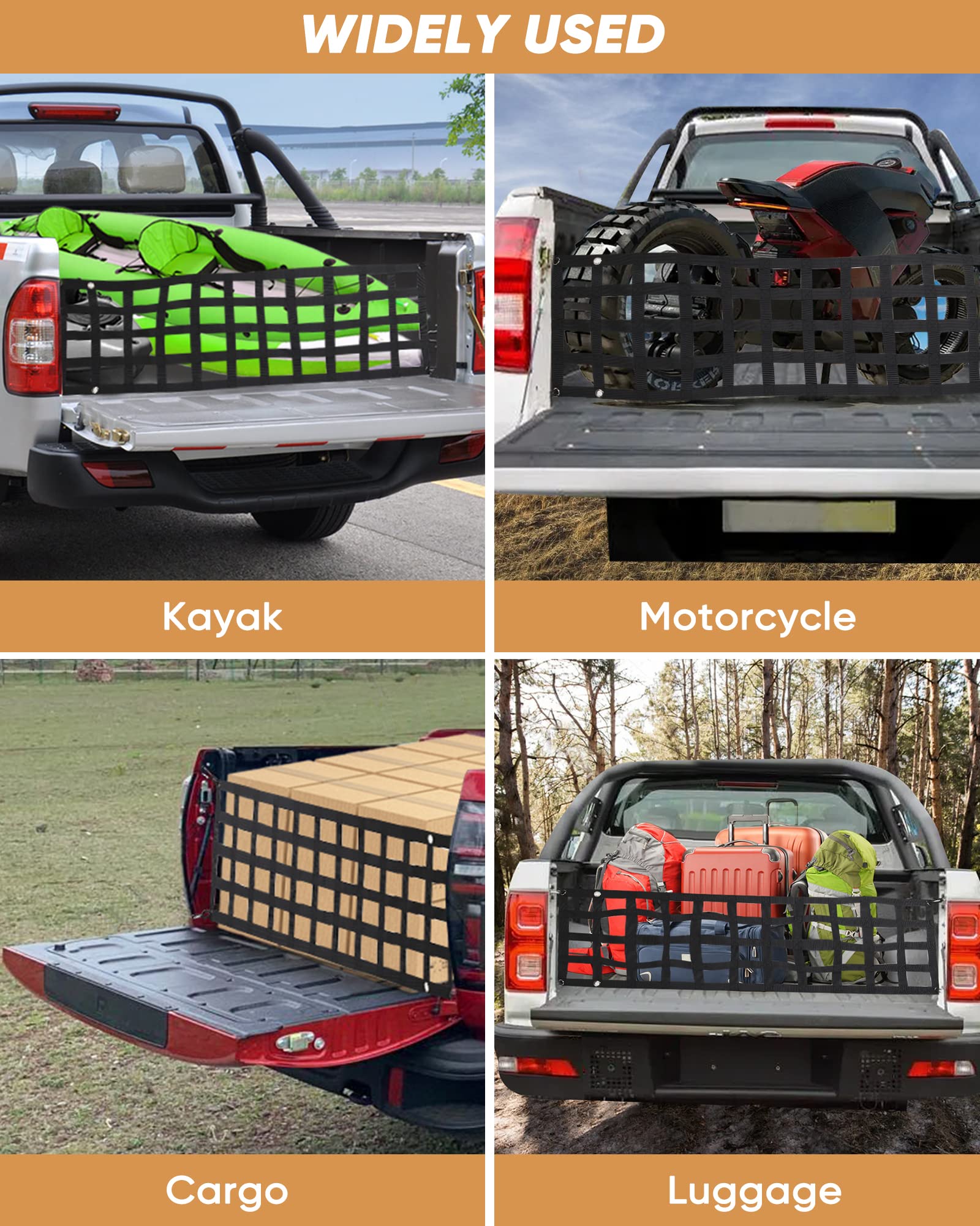 Lucky Straps Tailgate Net For Pickup Truck Bed, 60'' X 18'' Heavy Duty Tailgate Cargo Netting For Full Size Truck, Easy-To-Use T