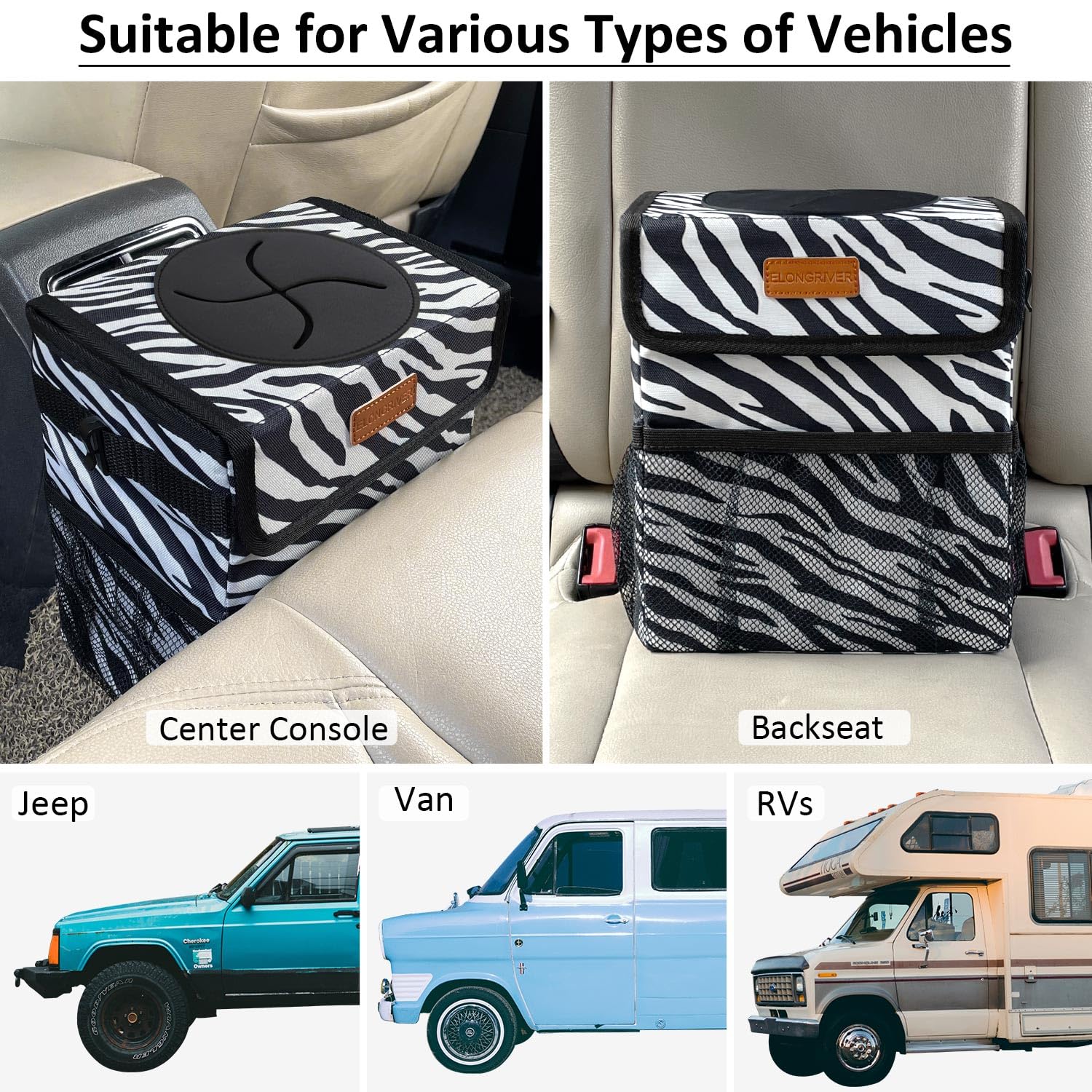 Elongriver Car Trash Can For Car With Lid, Car Organizer Can Trash Bag Hanging Leak Proof Vehicle Trash Can Zebra