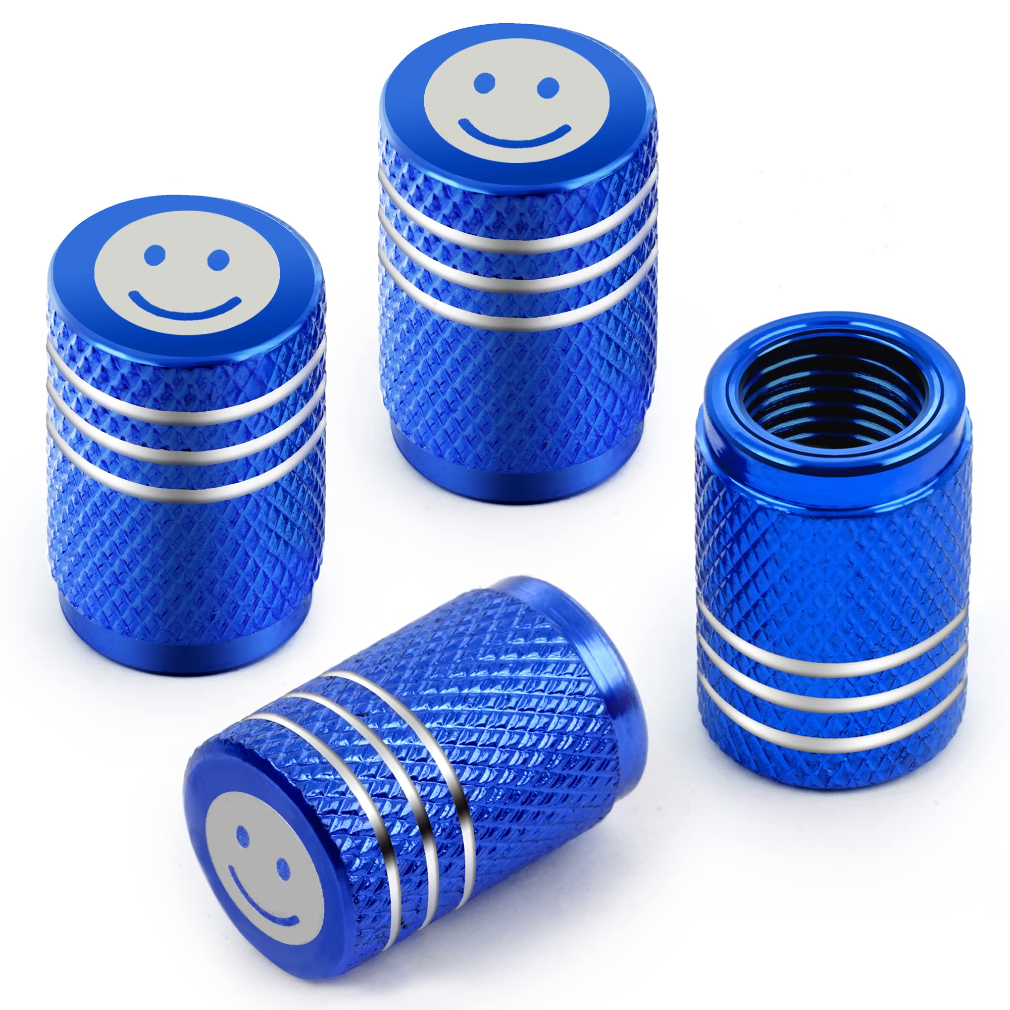 Tire Caps 4 Pack,Universal Tire Valve Caps,Tire Pressure Caps With O Rubber Ring,Corrosion Resistant Leak-Proof, Metal Air Valve Stem Caps For Cars Tires Suvs Bicycles Trucks Motorcycles Blue Smiley