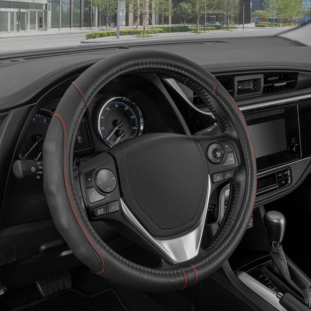 Motor Trend Gripdrive Faux Black Leather Steering Wheel Cover For Car Truck Van Suv, Small 14 Inch Size, Red Accent Stitched Car Steering Wheel Cover Vehicle & Auto Accessories
