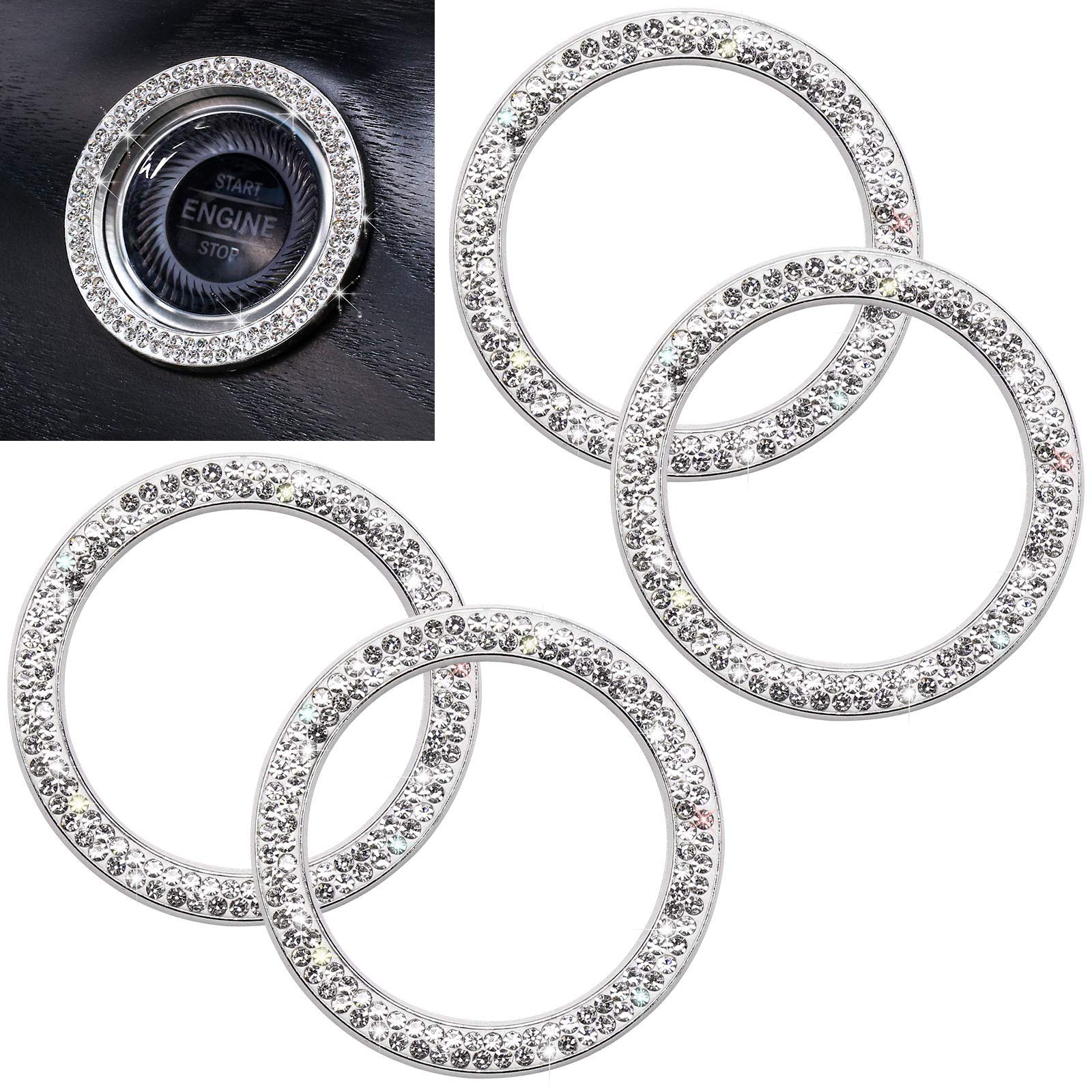 Tobequeen Push To Start Button Cover 4Pcs Auto Engine Start Stop Bling Car Decor For Women Girl Diamond Rhinestone Rings Sticker