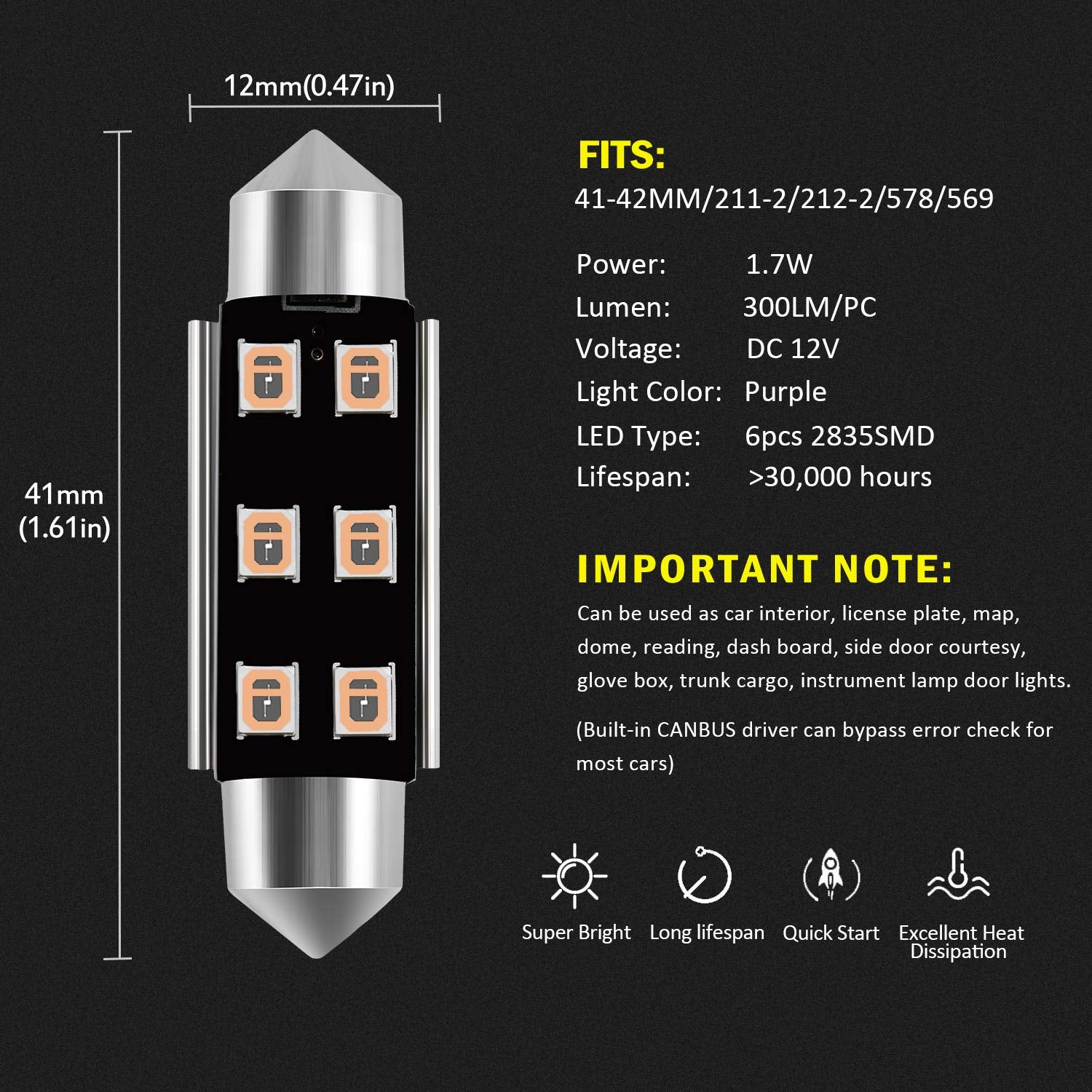 Auxlight 211-2 212-2 578 569 214-2 41Mm 1.61   Festoon Canbus Error Free Led Interior Light Bulbs Purple, Super Bright 6Smd Chip