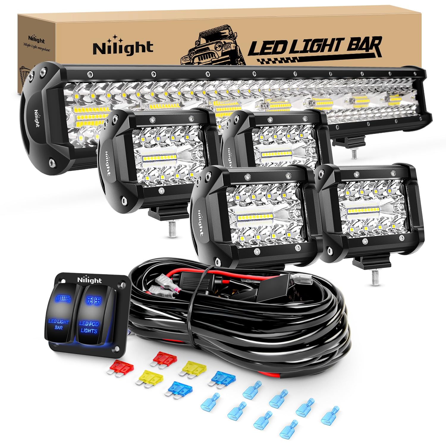 Nilight 20Inch 420W Triple Row Spot Flood Combo Led Light Bar Work Driving Lamp 4Pcs 4Inch 60W Cube Led Pods Lights With Wiring