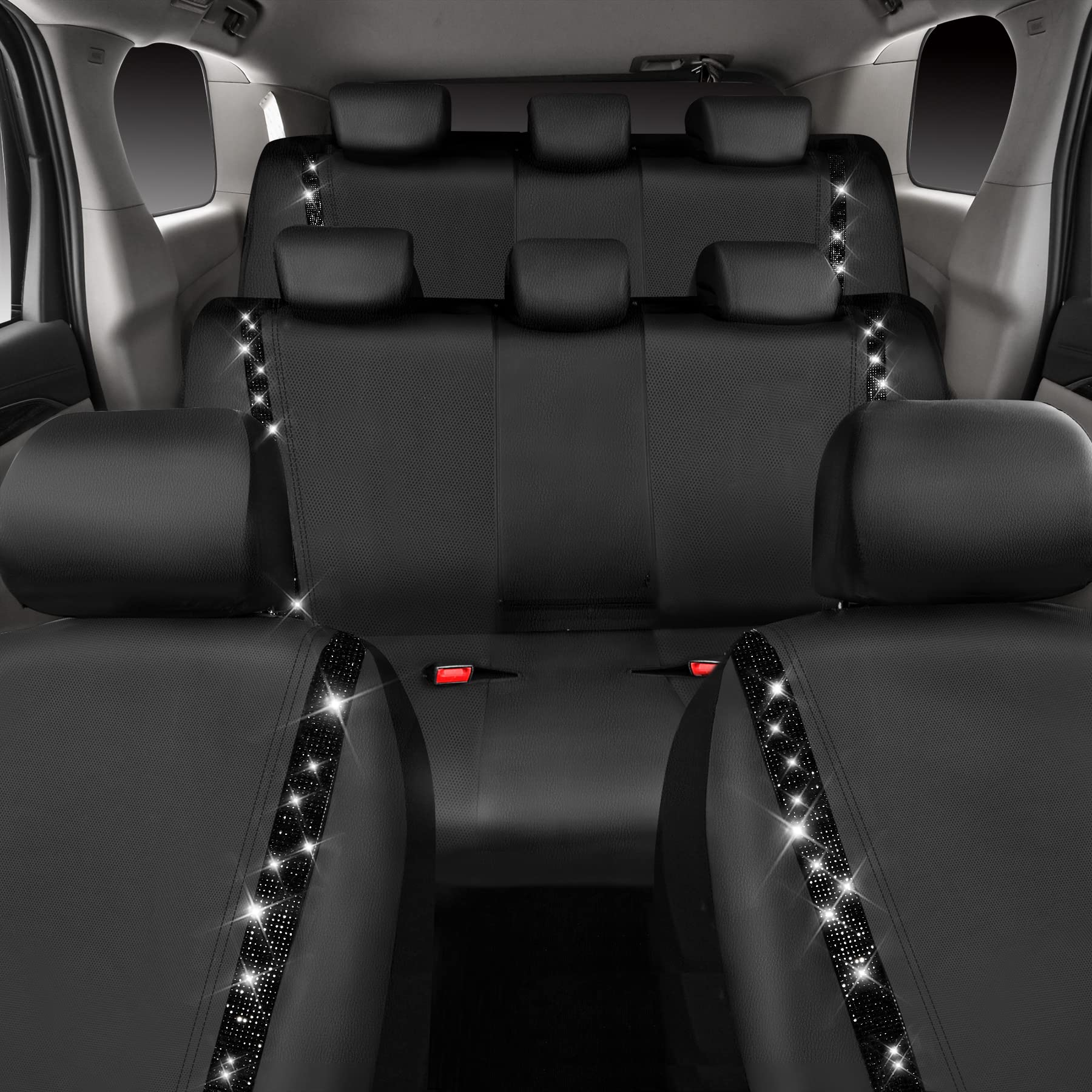 CAR PASS Bling Car Seat Covers, Shining Rhinestones Diamond Waterproof Faux Leather, 8 Seats 3 Rows with Zipper Glitter Crystal