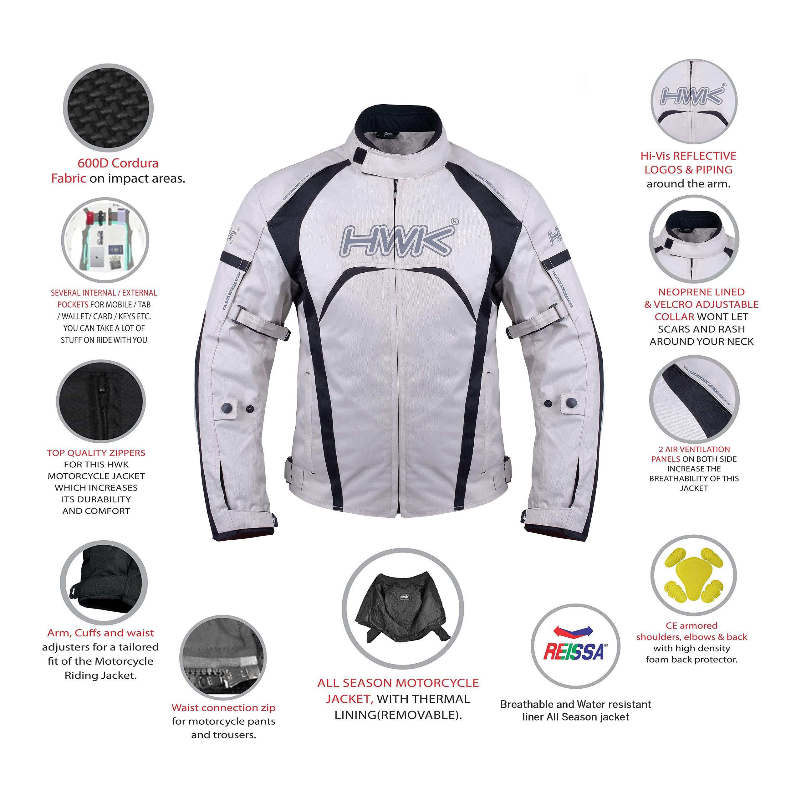Hwk Motorcycle Jacket Men'S Riding Textile Racing Motorbike Hi-Vis Biker Ce Armored Water Resistant Jackets (Silver, L)