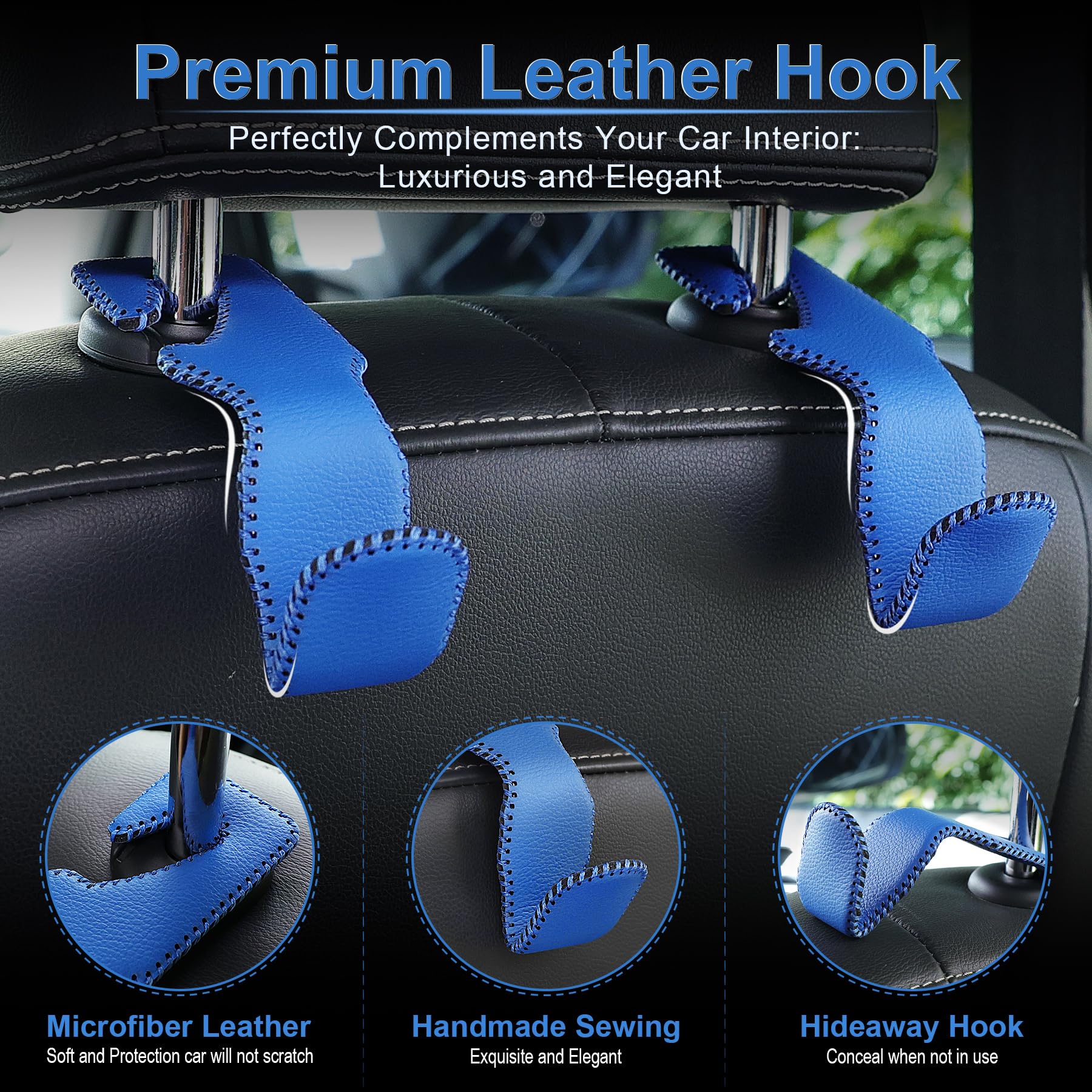 Livtee Blue Superior Leather Car Seat Back Headrest Hook, Auto Seat Hook Hangers Interior Accessories For Purse Coats Umbrellas