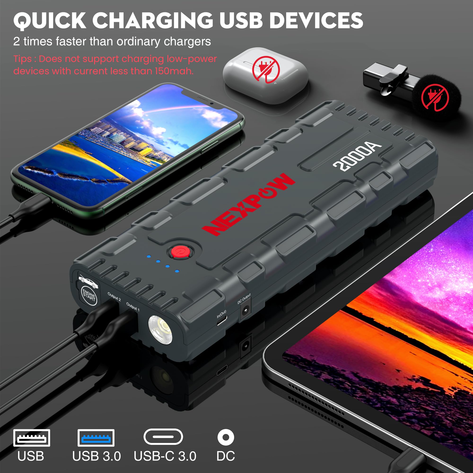 Nexpow 2000A Peak Car Jump Starter With Usb Quick Charge 3.0 (Up To 7.0L Gas Or 6.5L Diesel Engine), 12V Portable Jump Box, Batt