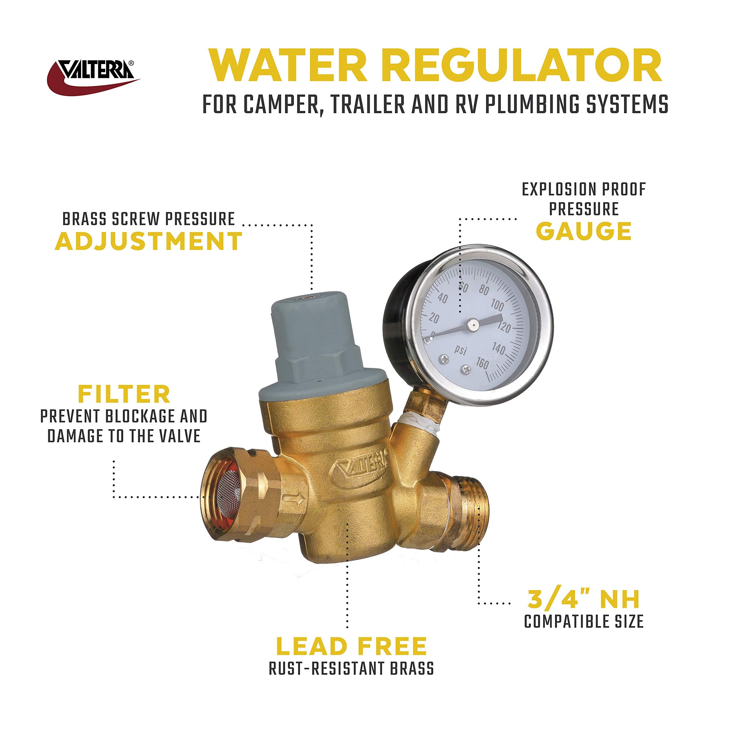 Valterra Rv Water Regulator, Lead-Free Brass Adjustable Water Regulator With Pressure Gauge For Camper, Trailer, Rv Plumbing Sys