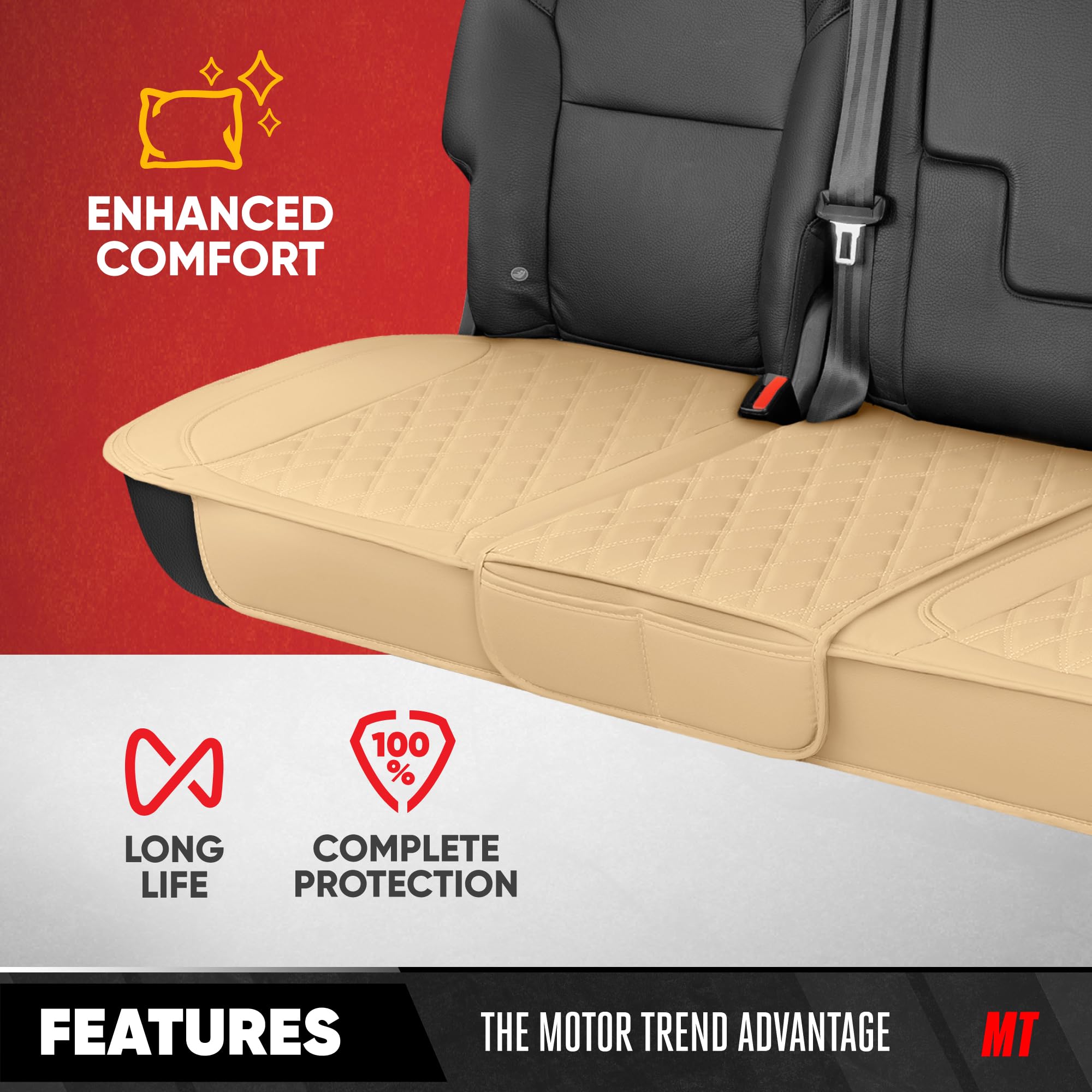 Motor Trend Rear Seat Cushion - Beige Diamond Stitched Faux Leather Rear Seat Cover for Cars, Trucks, SUVs - Padded, Waterproof,