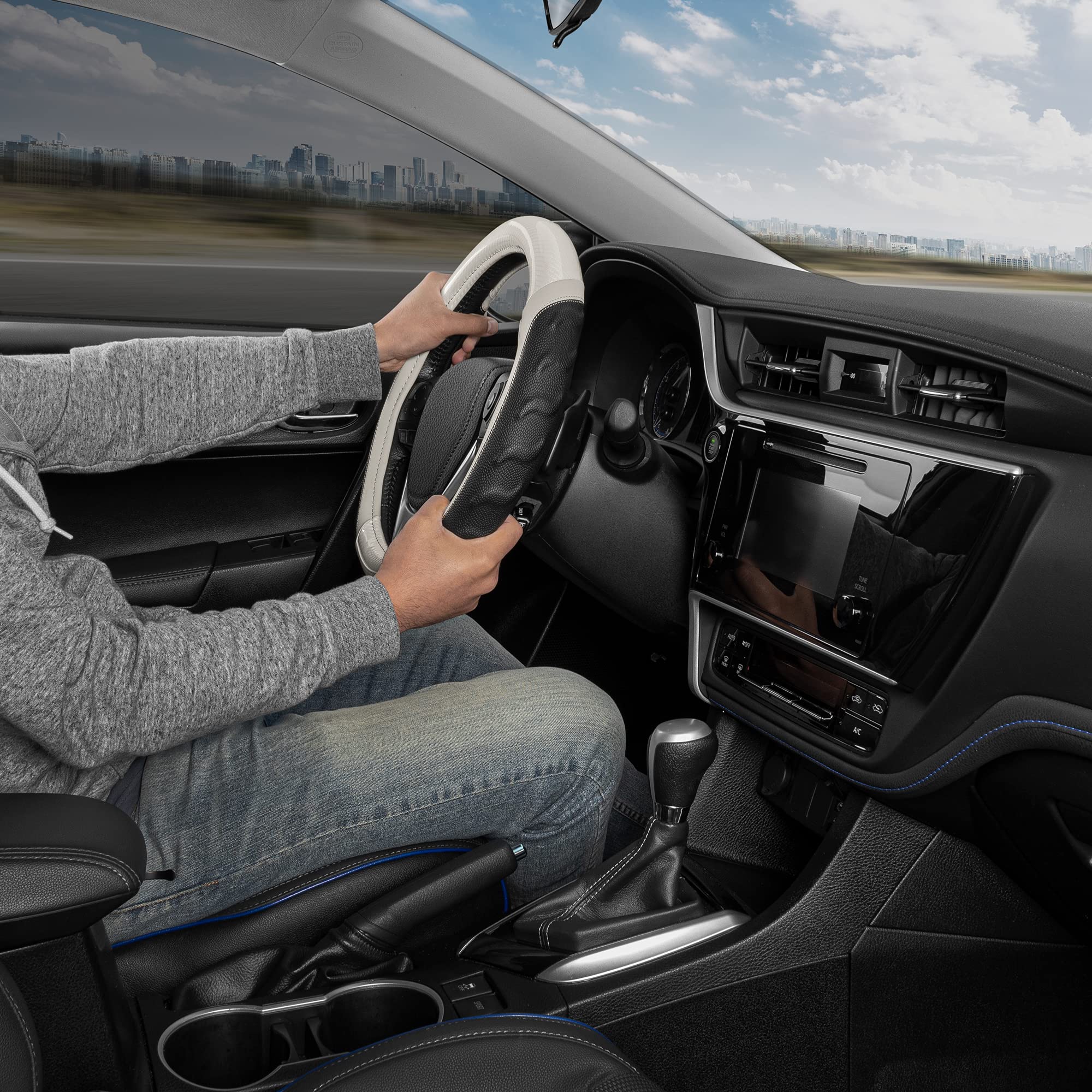 Motor Trend UltraSport White Carbon Fiber Steering Wheel Cover, Standard 15 inch Size, Black Faux Leather Comfort Grip, Car Stee