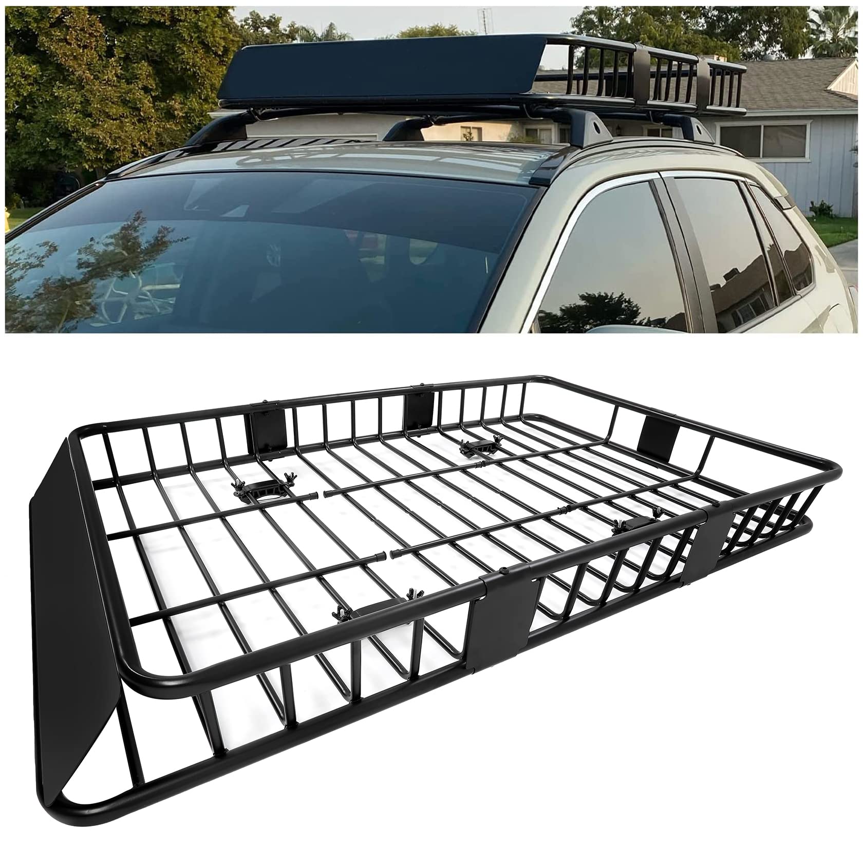 Ecotric 67 X 39 X 5.1'' Universal Roof Rack Cargo Carrier Basket With Extension Heavy Duty Steel Car Suv Top Luggage Storage Holder Basket For Travel 550Lbs Weight Capacity