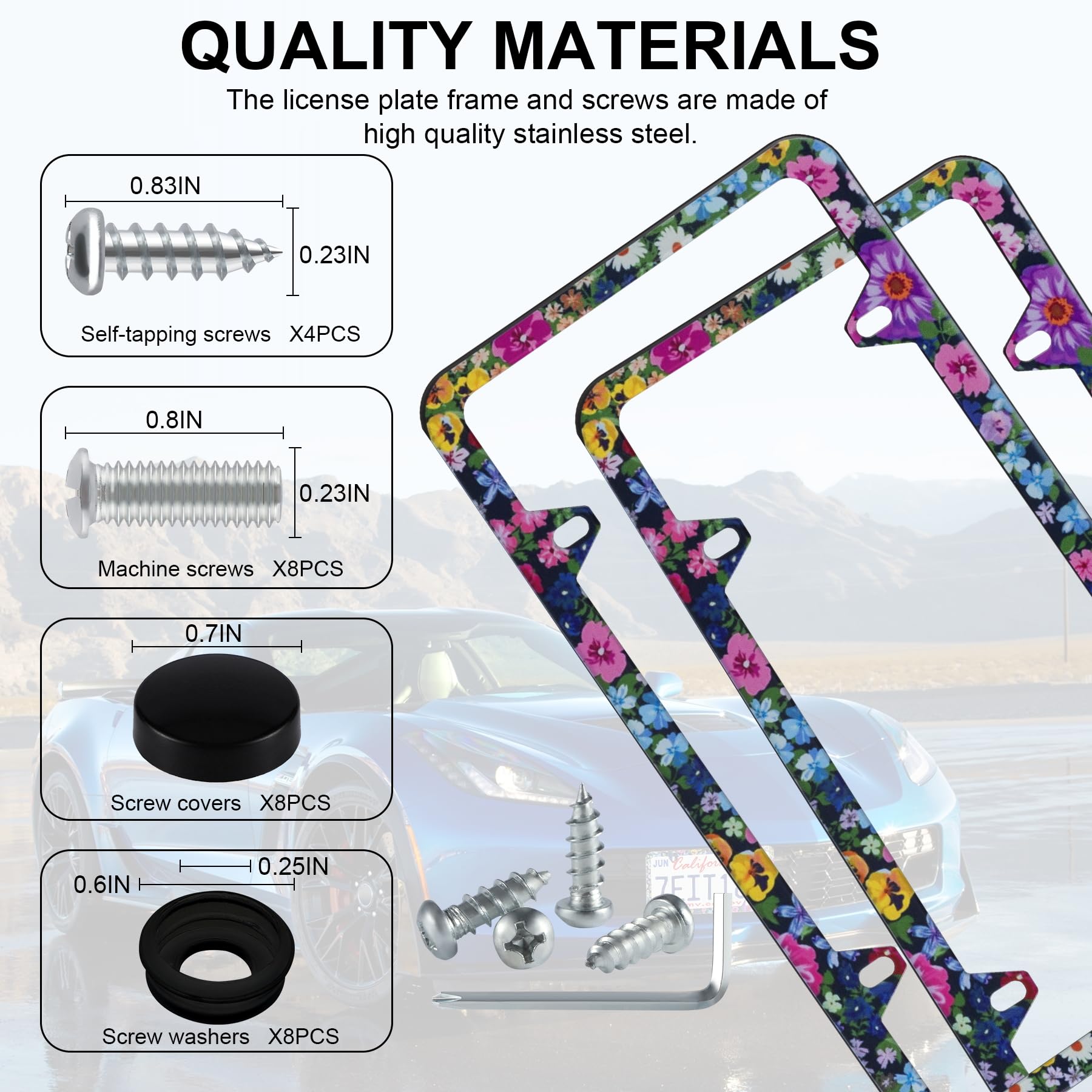 Livtee Flower Floral License Plate Frames, 4 Holes Stainless Steel License Plate Covers, 2Pcs Car License Plate Holder, Automoti