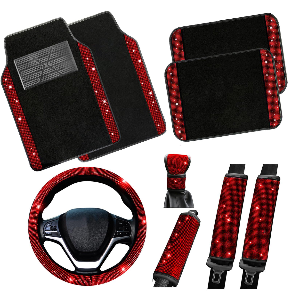 Valleycomfy Bling Steering Wheel Cover, Waterproof Diamond Floor Mats Sparkling 9-Pack Rhinestone Car Accessories For Women (Red