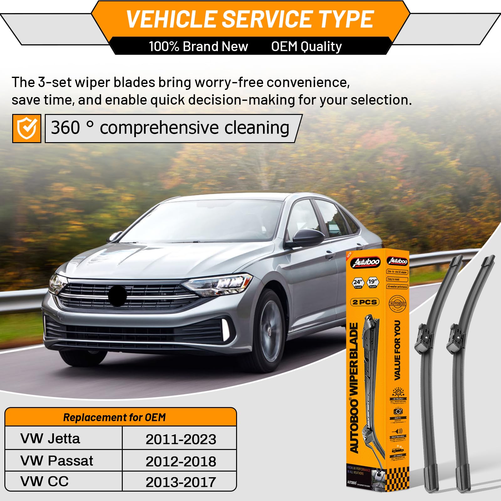 AUTOBOO OEM Windshield Wiper Blade Set for VW Jetta CC Passat 2011-2019, 24+19 Front Wiper Kit, Original Factory Quality