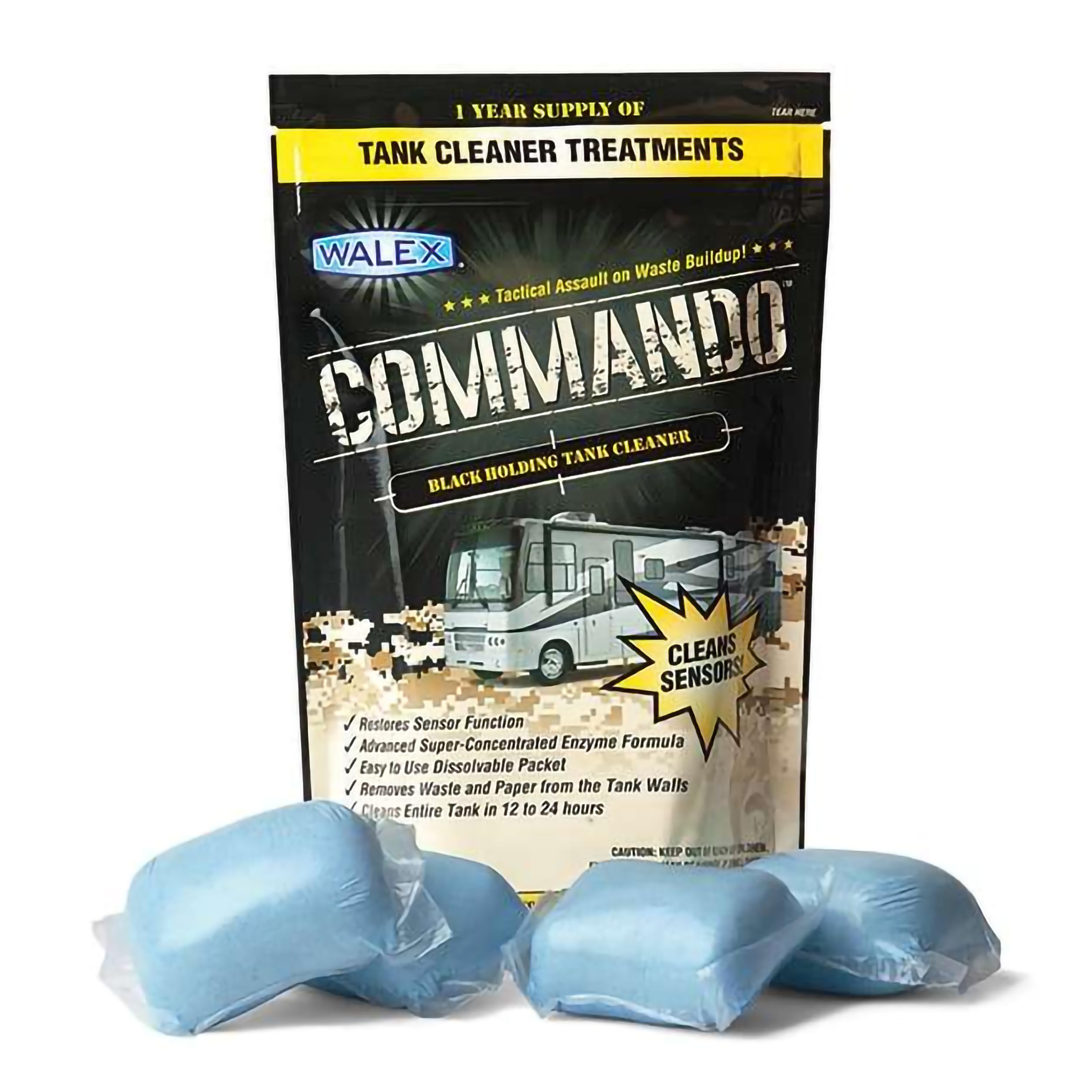 Walex Commando RV Black Holding Tank & Sensor Cleaner - Eliminates Waste & Paper Buildup, Restores Sensor Function, Lubricates Valves & Seals, Advanced Enzyme Formula; Dissolvable Packets, 4 Count