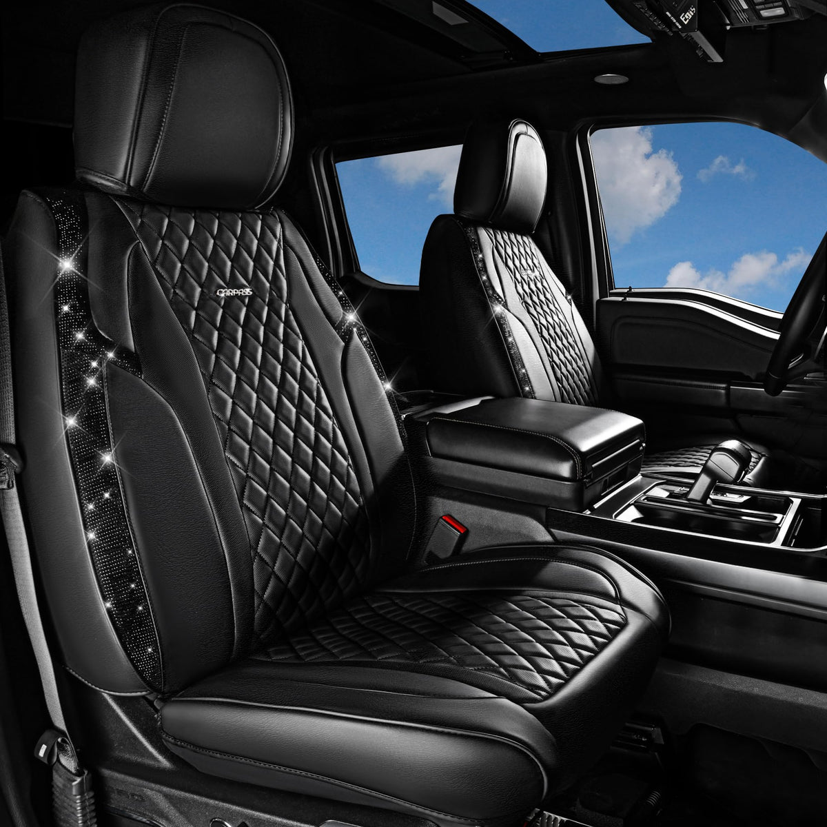 Car Pass Black Diamond Nappa Leather Cushioned 1 Pair Bling Seat Covers Front Only,Waterproof Heavy-Duty Anti-Slip,Universal Fit