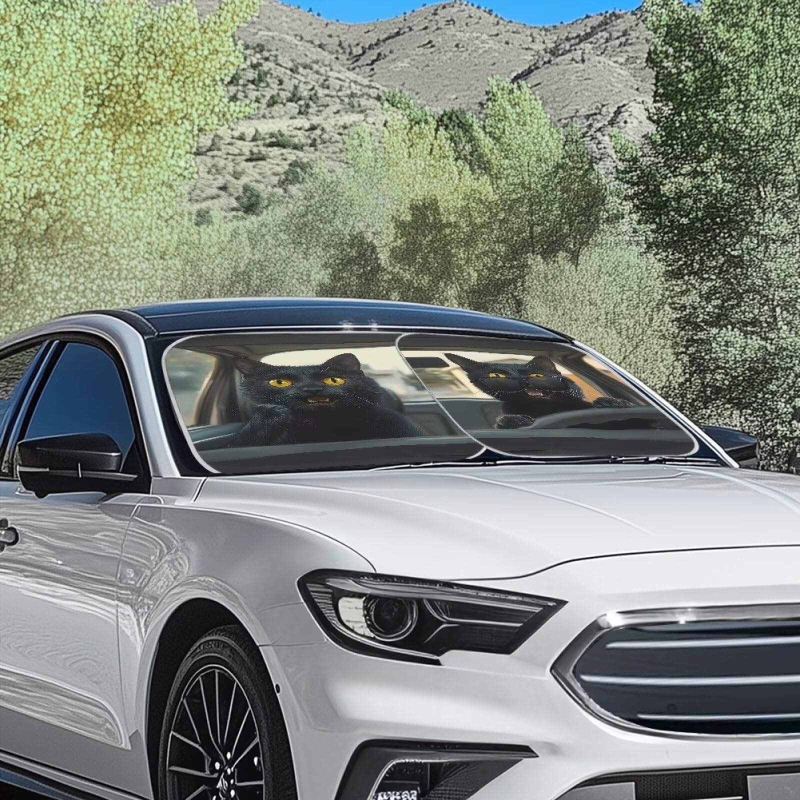 Renewold Novelty Black Cat Animal Driving Car Windshield Sun Shade Shield Portable Auto Sunshade Vehicles Sun Visor Fits For Mos