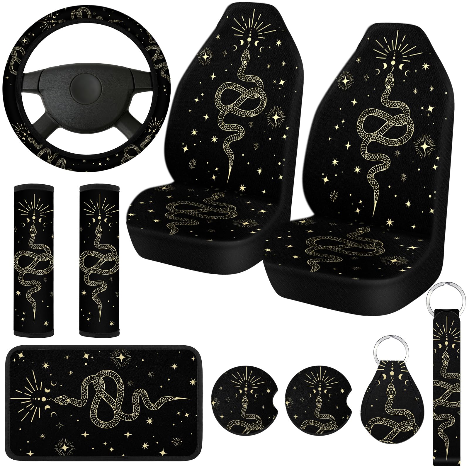 10 Pcs Moon Star Car Seat Covers Full Set Car Accessories for Women Front Seat Cover Steering Wheel Armrest Cover Seat Belt Cove