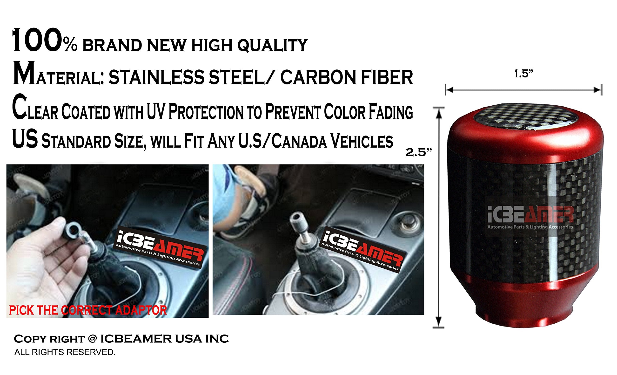 ICBEAMER Red Aluminum w/ 100% Real Carbon Fiber 2.5'' Shift Knob for Buttonless Automatic and 4, 5 and 6 Speed Manual Transmissi