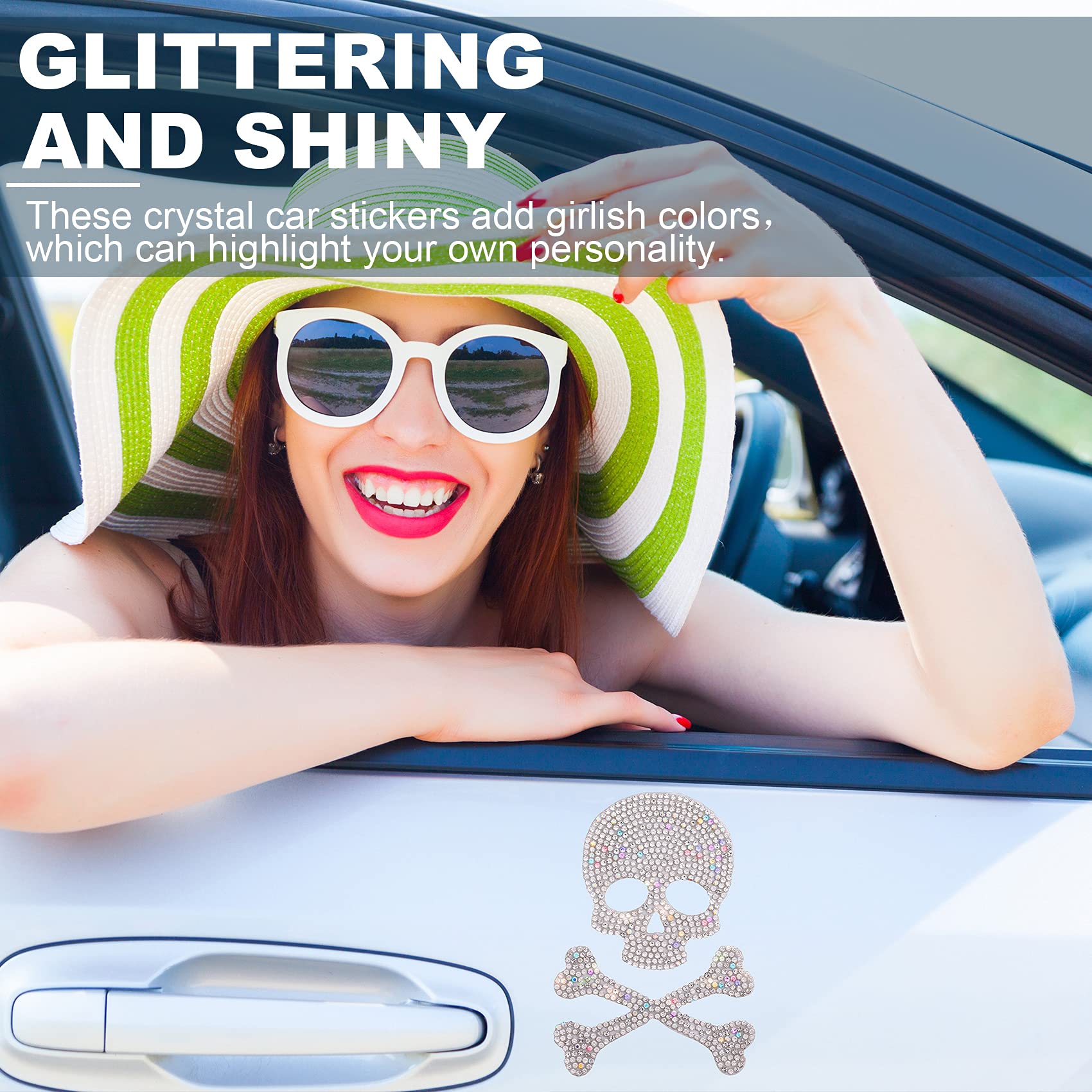 Oiiki 2Pcs Skull And Bone Bling Car Decals, Skull Decal Rhinestone Stickers, Crystal Car Decor, Diamond Car Stickers And Decals,