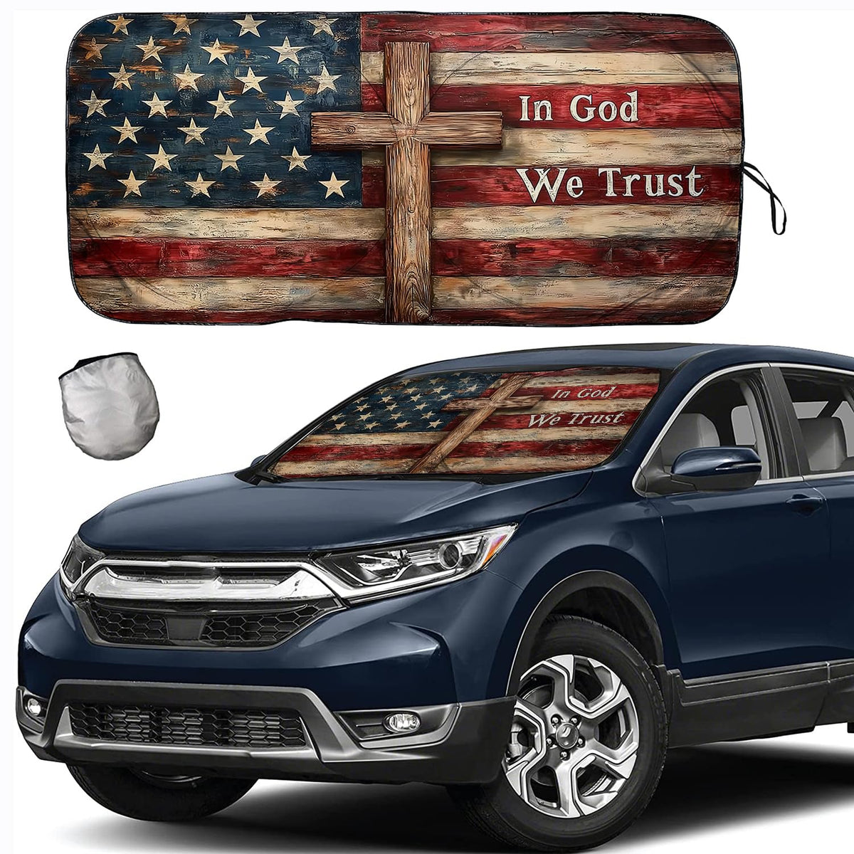 [2025 Upgrade] Tdcqqgqq Windshield Sunshade, American Flag With Wooden Cross Design, In God We Trust,    Uv Protection And Heat