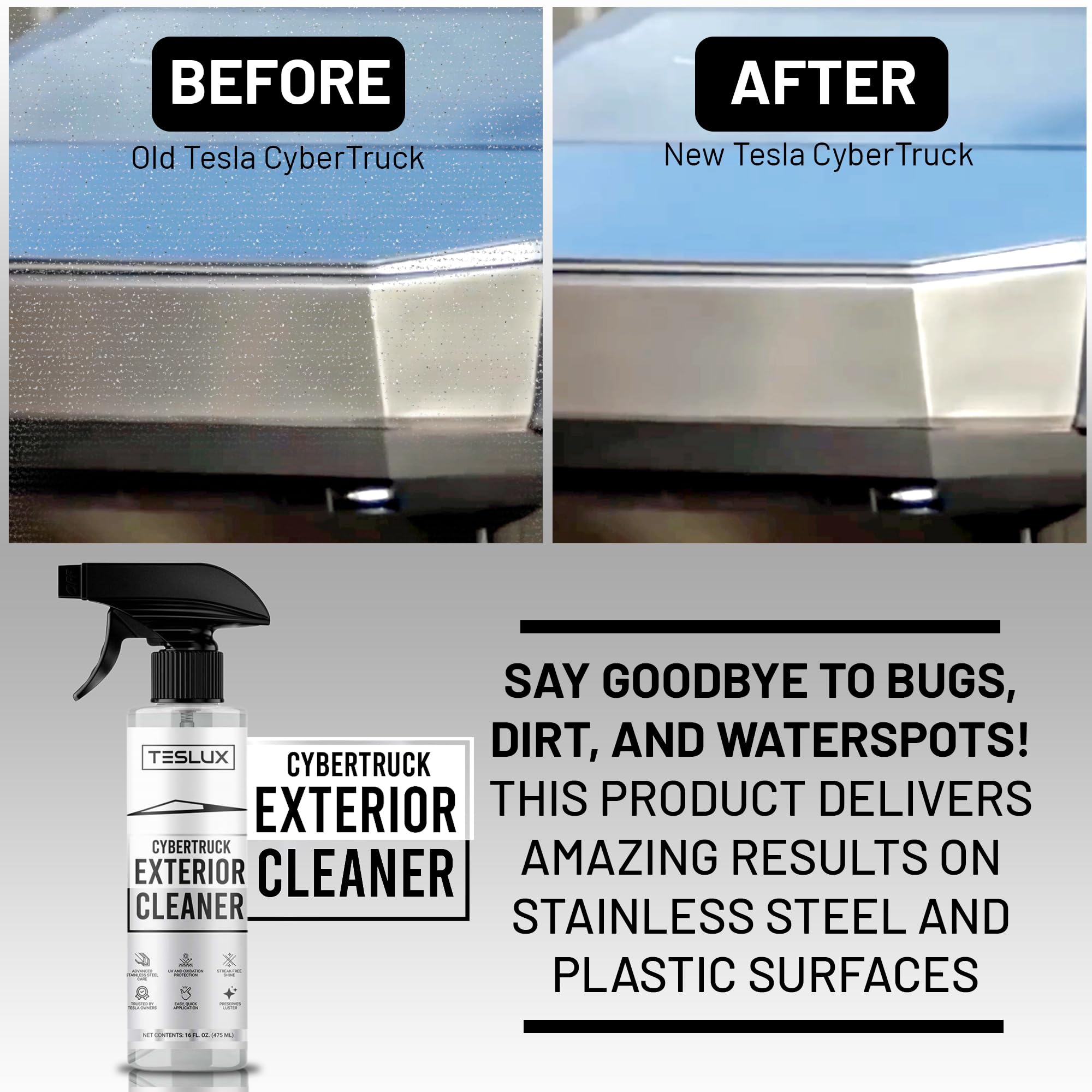 TesLux Exterior Waterless Cleaner for Tesla CyberTruck, Fingerprint & Dirt Remover, Waterless Spray, Spotless Stainless Steel Sh
