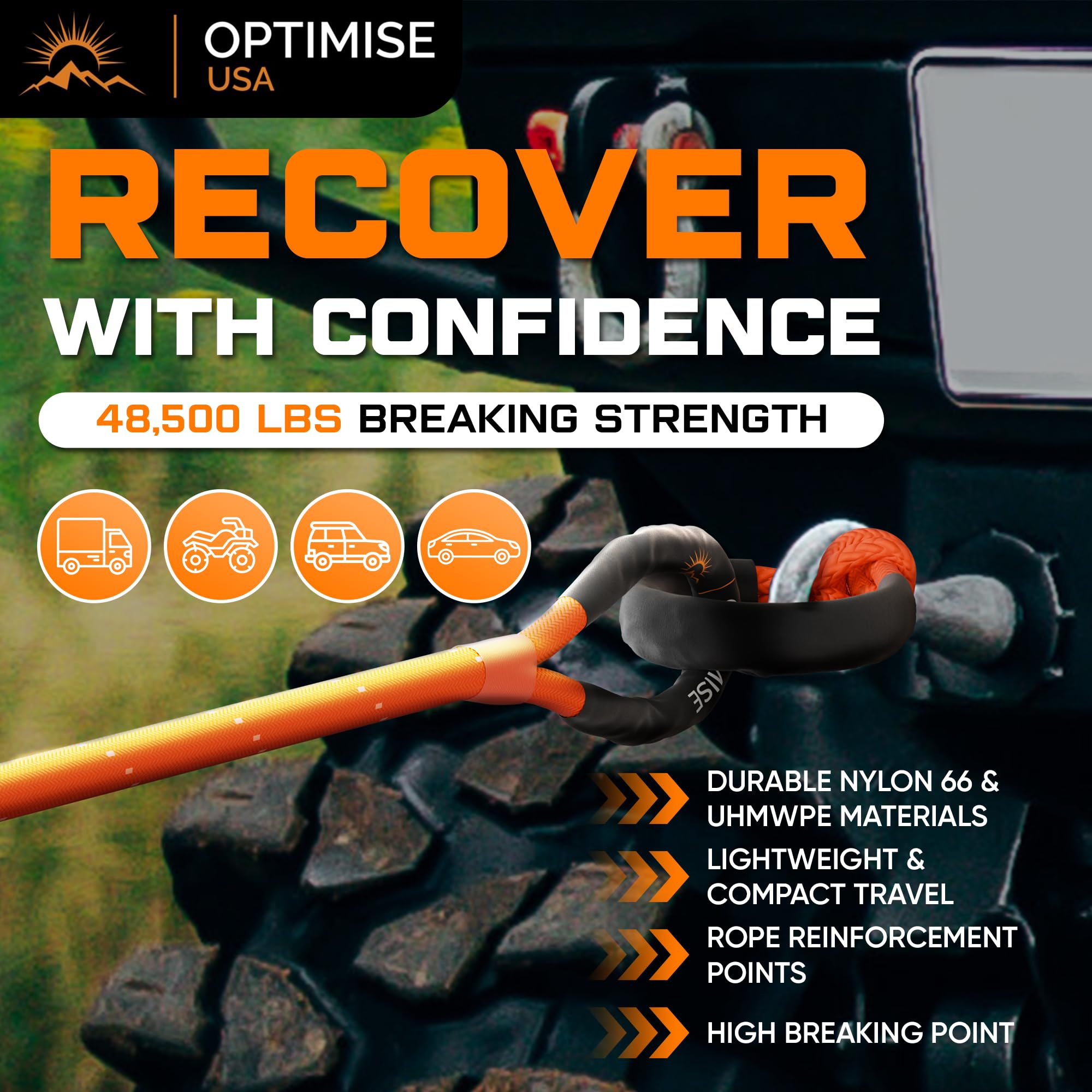 1'' X30Ft Kinetic Recovery Rope (48,500Lbs) - Heavy Duty Recovery Kit With Tow Strap, 2 Soft Shackles (7/16''X22''), Off-Road Sh