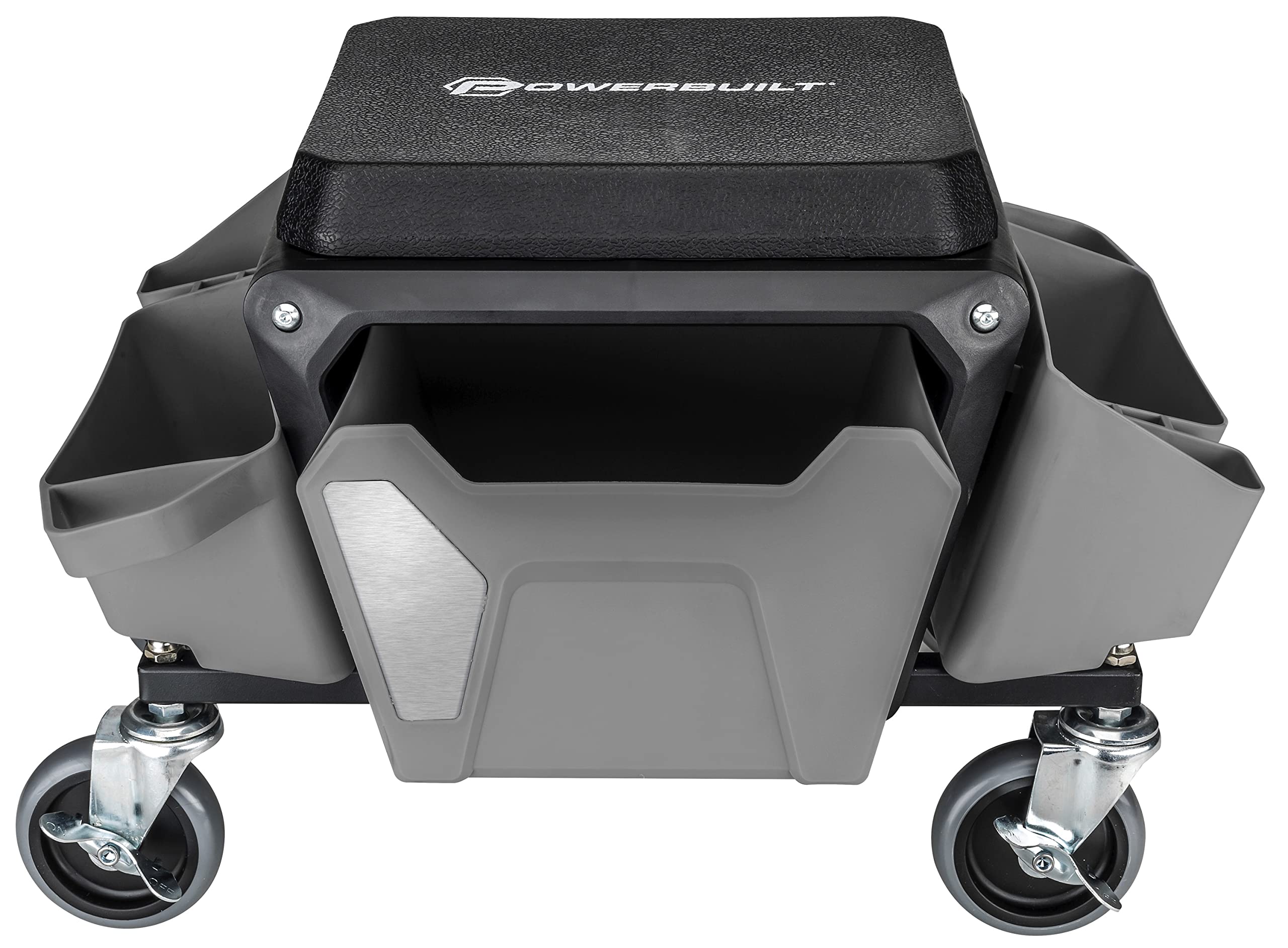 Powerbuilt Rolling Work Seat Brake Stool with 4-inch Rubber Lockable Wheels, Big Seating Platform, Tool Trays and Drawer 330 lb.