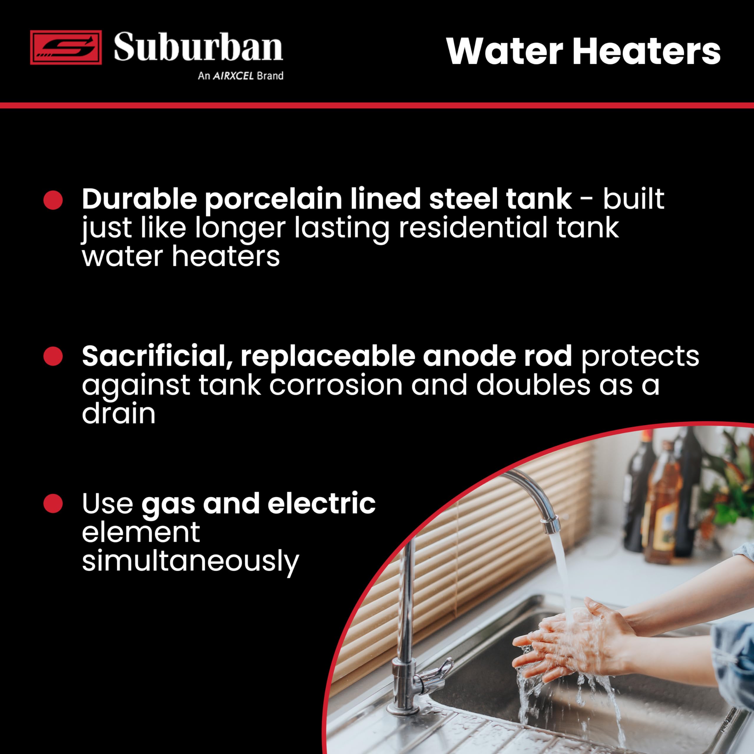 Suburban Advantage RV Tank Water Heater SW10DE - 10 gallon Porcelain Lined Steel Tank with Direct Spark Ignition (DSI) and Incoloy Electric Element (5243A)