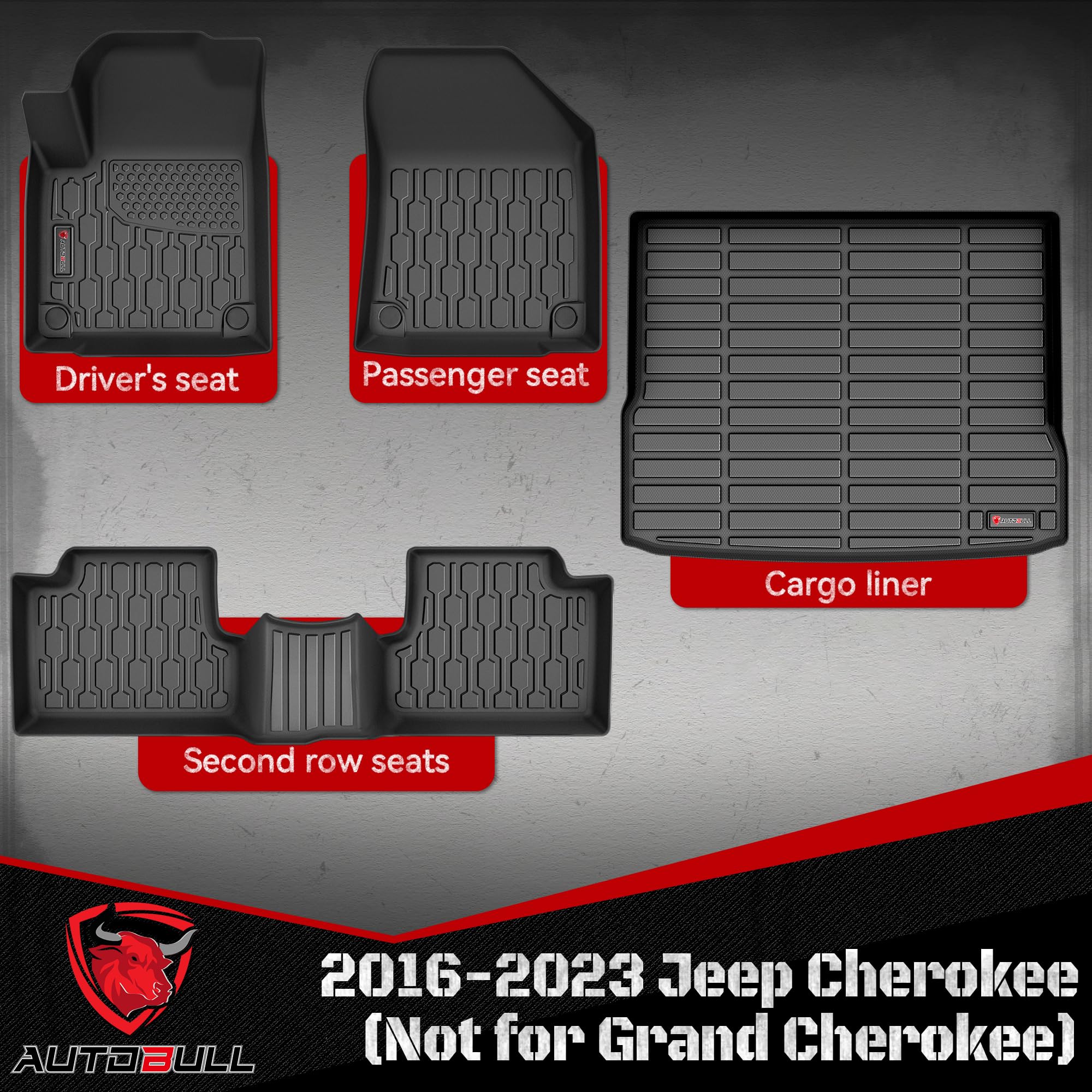 Autobull Floor Mats & Cargo Liner Compatible With 2019-2023 Jeep Cherokee (Not For Grand Cherokee) Cargo Mat, Full Set All Weath
