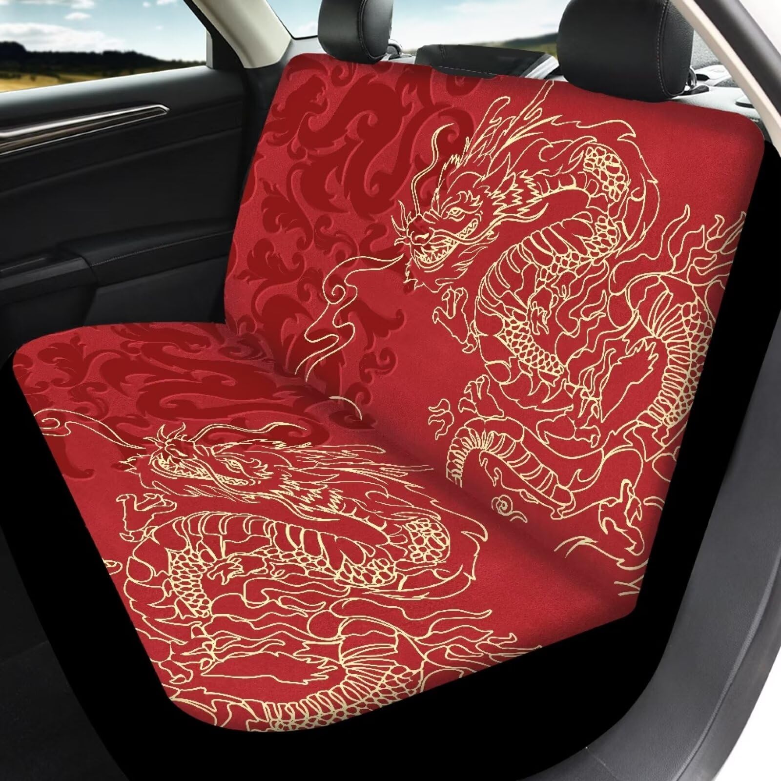 Tomeusey Car Seat Covers Full Set of 4 Pcs Red Dragon Vehicle Accessories Seats Protector Elastic Front Seat Cushion & Rear Back