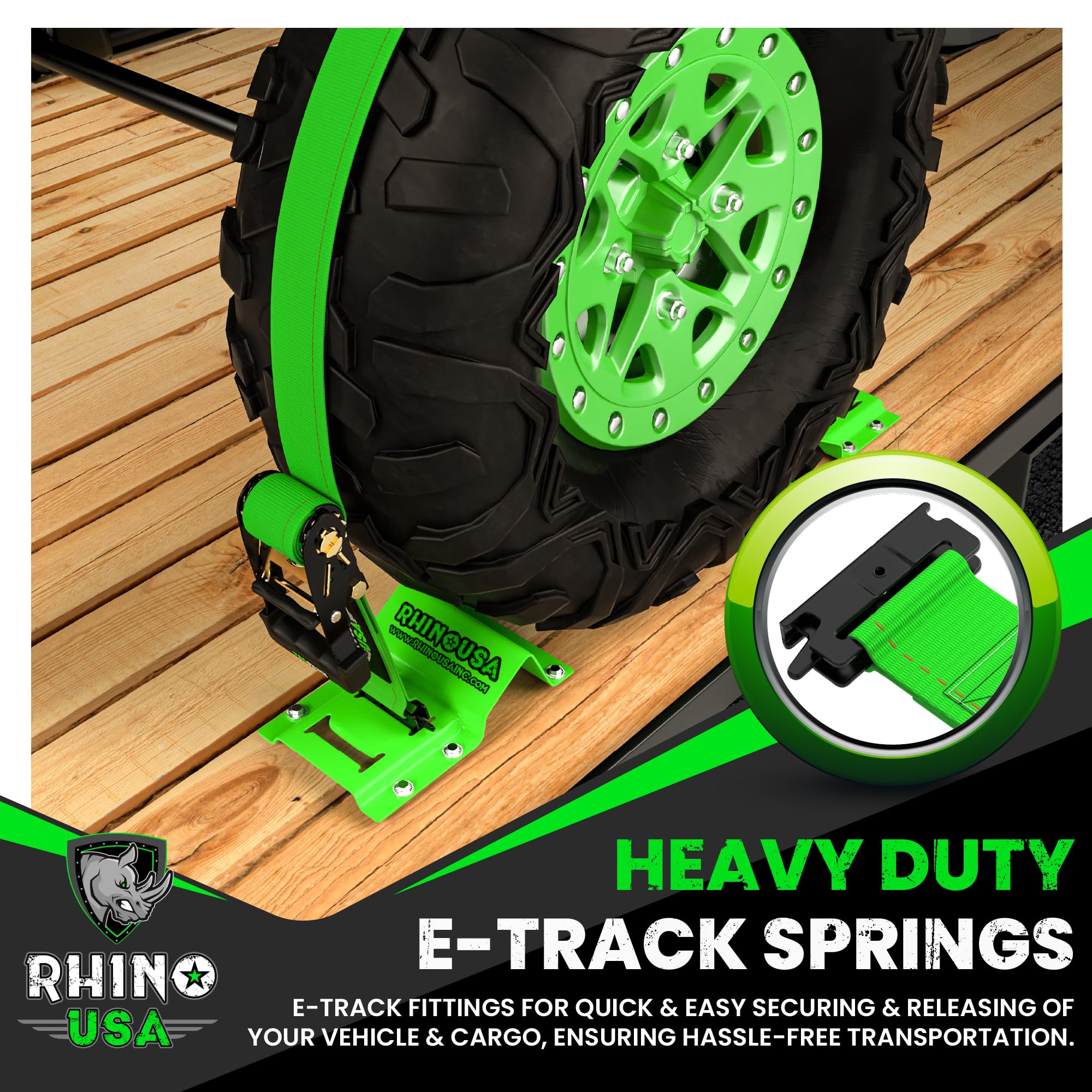 Rhino Usa Wheel Chock Tie Down Kit (1,986Lb Break Strength) Ultimate Heavy Duty Trailer Tire Straps System For Atv, Utv, Lawn Mower & More - Ratchet Tie Downs Accessories With E Track For Four Wheeler
