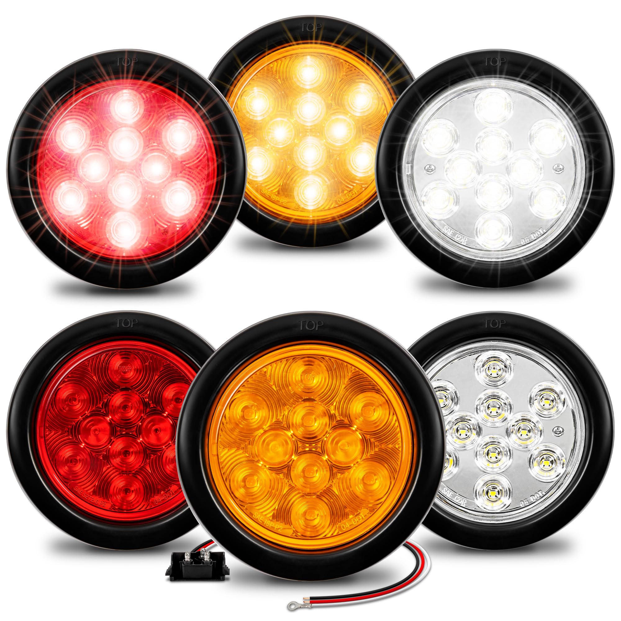 TRUE MODS 2 Red + 2 Amber + 2 White 4 Round 10LED Trailer Tail Light Kit DOT Certified [Grommet & Plug] IP67 Waterproof Stop Bra