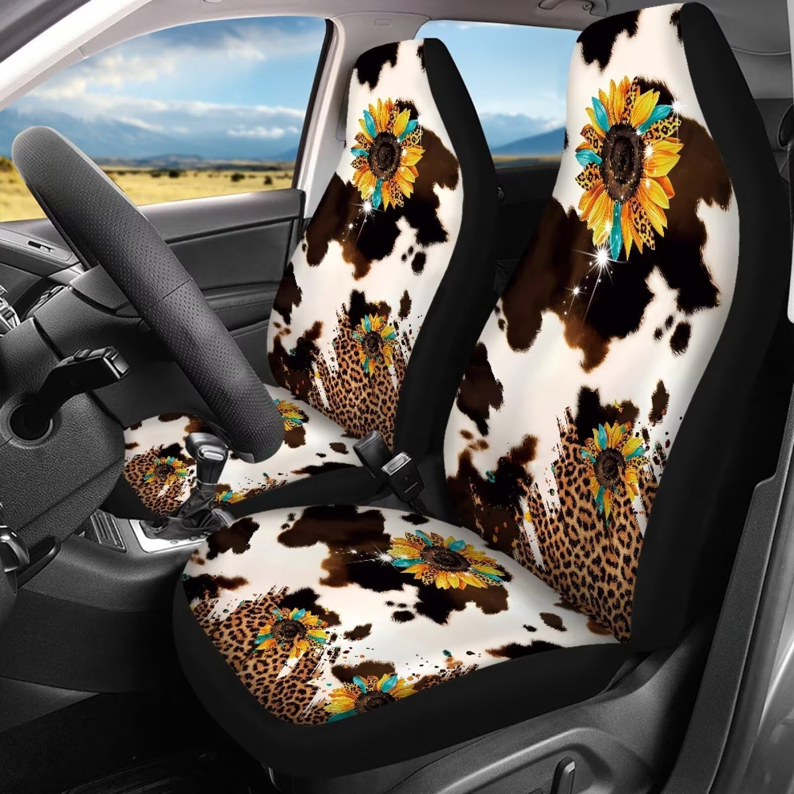 Tomeusey Leopard Sunflower Pattern Car Seat Cover Full Set, Front Rear Seat Cover 4 Pcs Car Seat Mats Full Set for Women Men, So