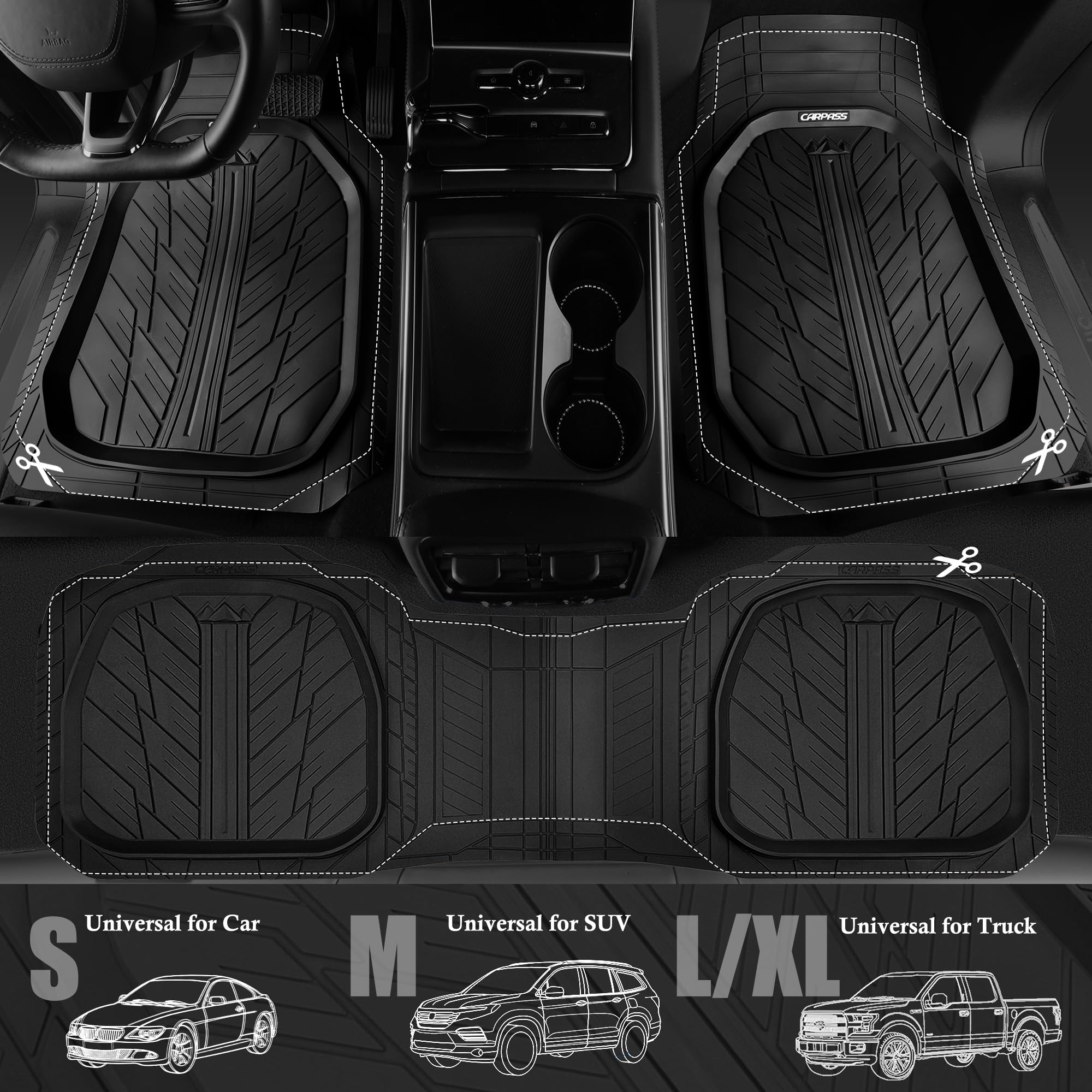 Car Pass Deep Dish Floor Mats For Cars, Heavy Duty Rubber Floor Mats With Trunk Cargo Liner, Universal Trim-To Fit Automotive Fl