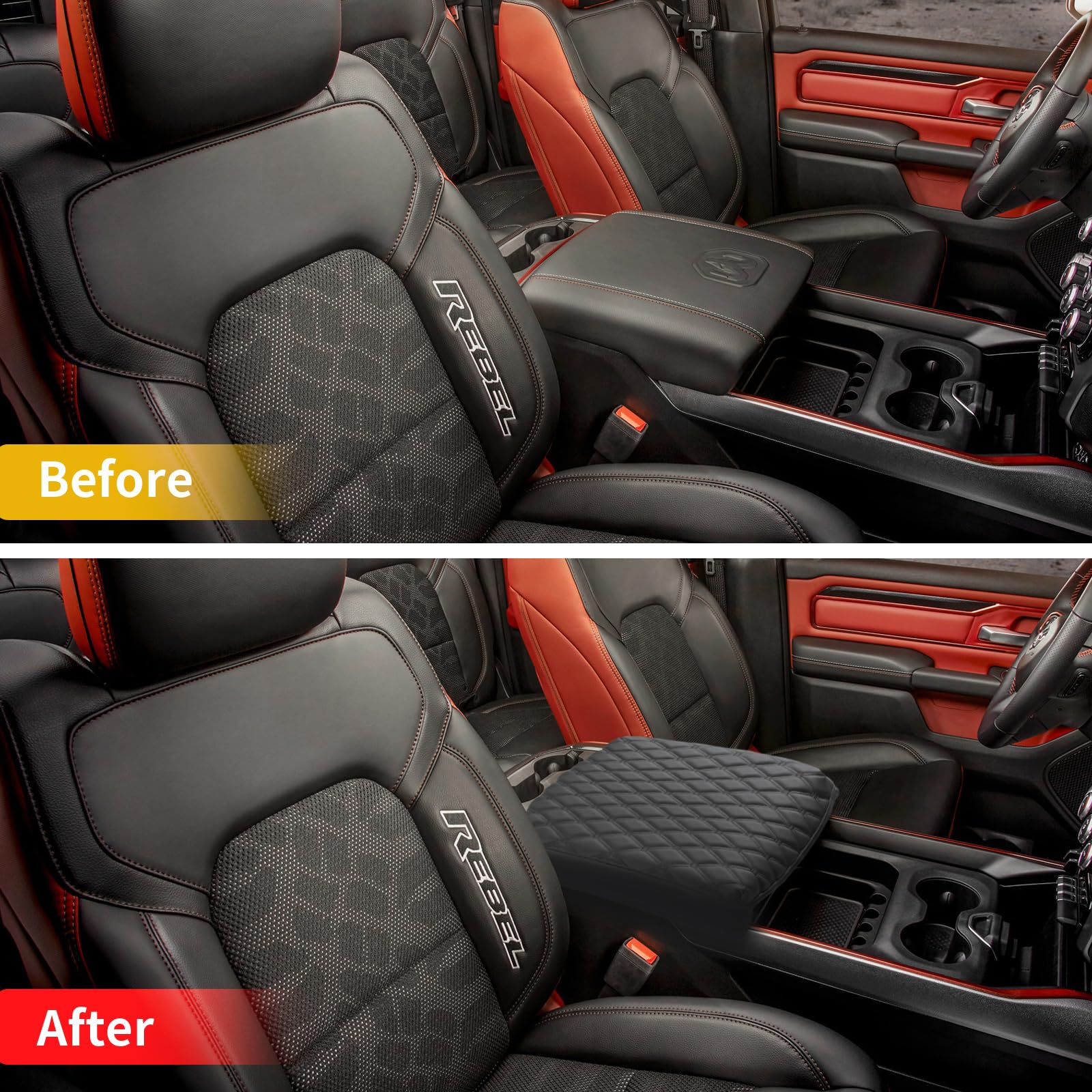 Giant Panda Custom Fit Center Console Cover For Dodge Ram 2009-2023 With Bucket Console- Waterproof Faux Leather Armrest Center