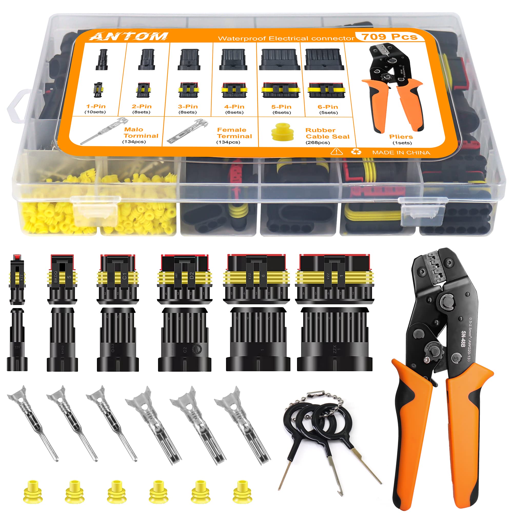 ANTOM 709PCS Water Proof Wire Connectors 43 Kits-1/2/3/4/5/6 Pin Automotive Electrical Connectors-with Ratcheting Wire Crimper-W