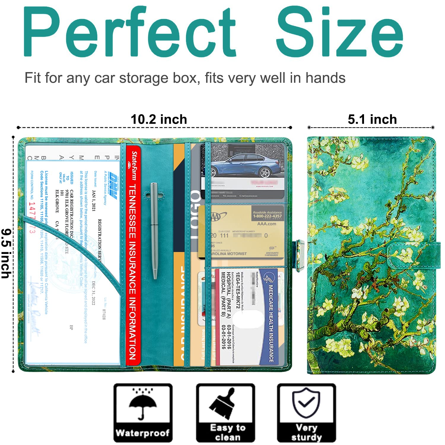 Rsaquar Car Registration And Insurance Holder, Leather Car Glove Box Organizer, Cool Car Accessories For Id, Driver'S License Cards & Essential Document, Men&Women, Almond Blossom