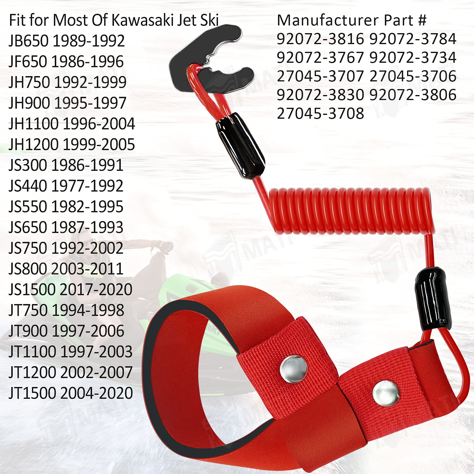 M MATI Stop Kill Switch Safety Lanyard Band Tether for All Kawasaki Jet Ski JS JT JH JB JF 300 440 550 650 750 800 900 1100 1200