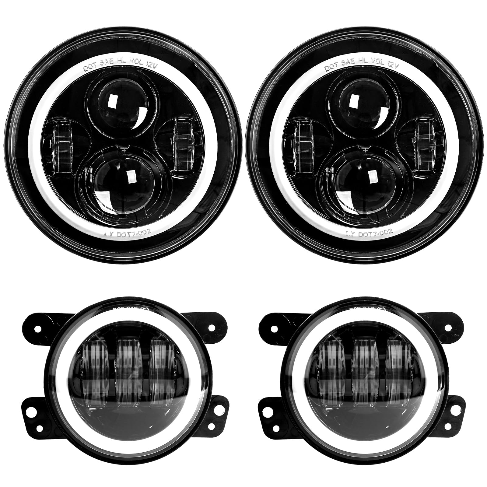 Lx-Light Dot Approved 7Inch Led Headlights With White Drl/Amber Turn Signal + 4 Inch Led Fog Lights With White Drl Halo Ring For