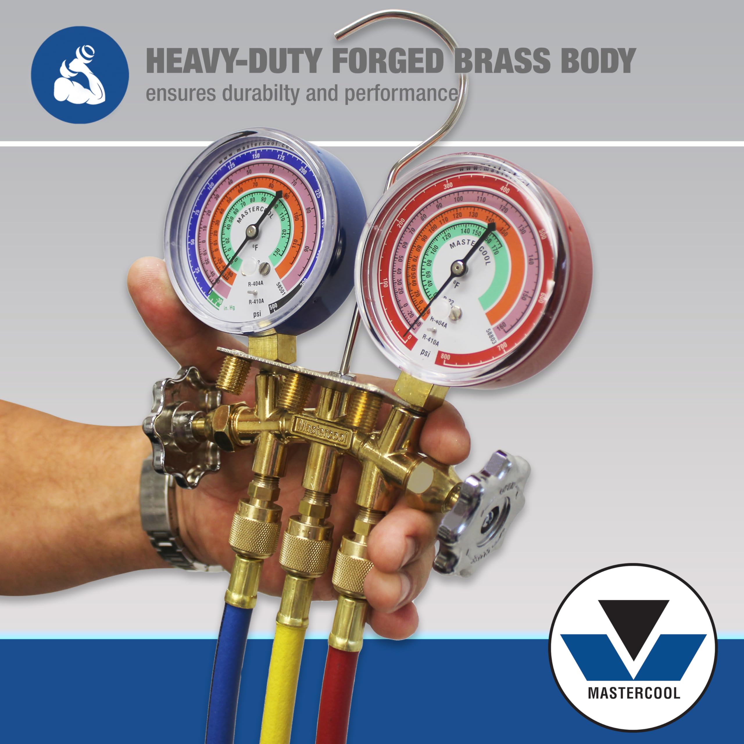 Mastercool 59161 2-Way Heavy Duty Brass Manifold Gauge Set With 3 1/8'' Silicone Dampened Gauges And 1/4'' Sae Fittings For R410