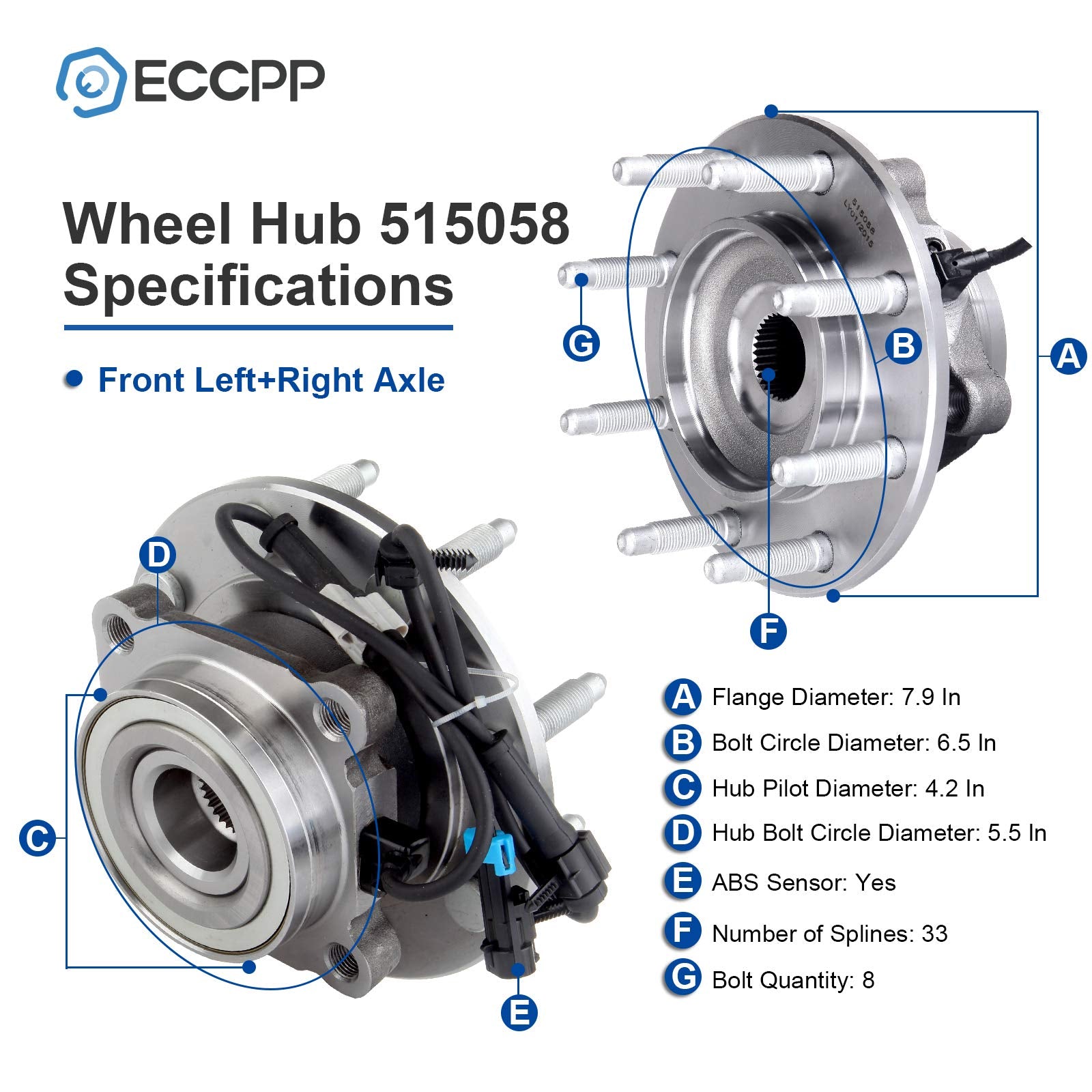 ECCPP 515058 Front Wheel Bearing and Hub Assembly fit for Chevrolet Silverado 1500 HD 2500 HD Tahoe GMC Sierra 1500 HD 2500 HD Y