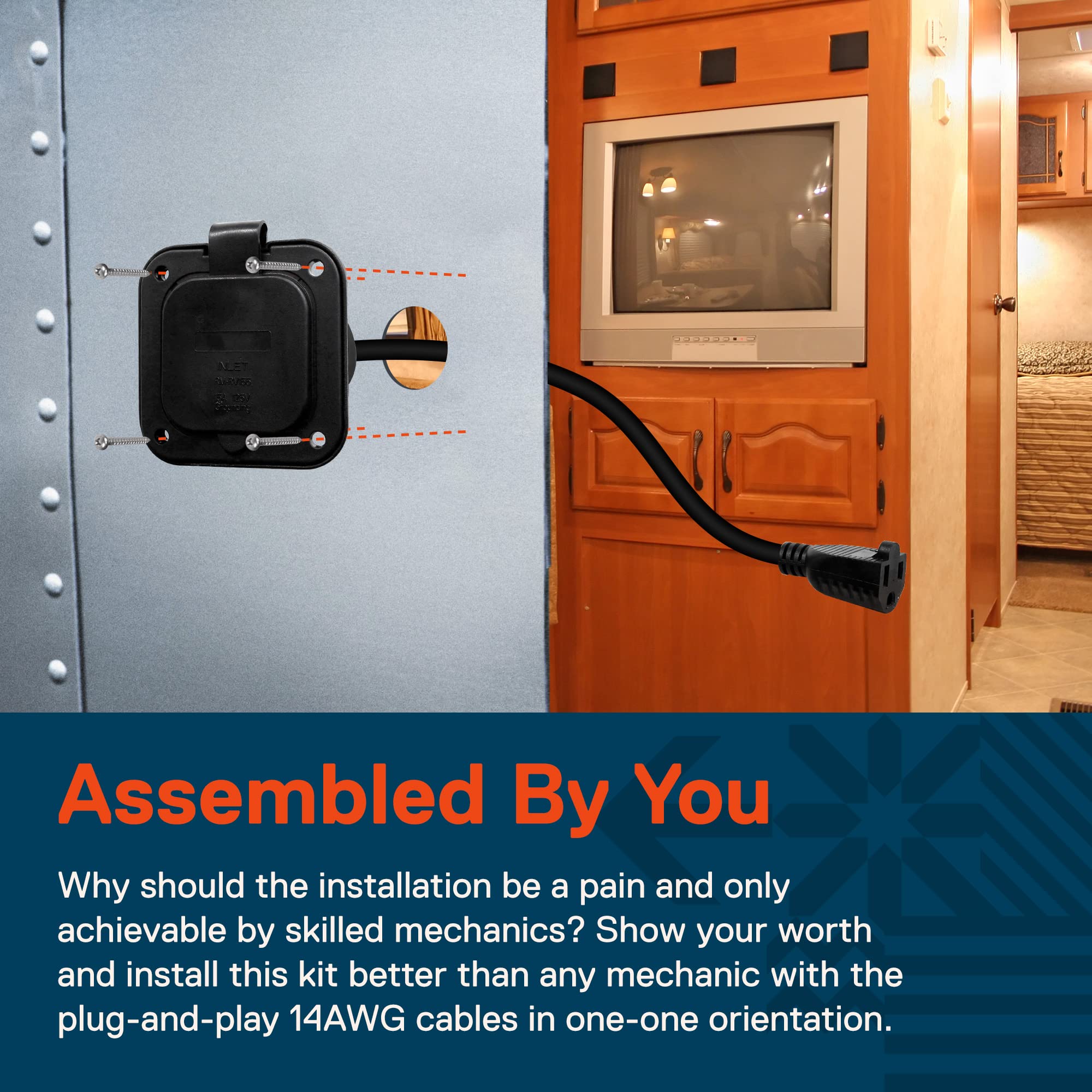 True Mods 15A Ac Port Plug Flanged Inlet Socket Shore Power Supply Receptacle W/ 16'' Outdoor Extension Cord Cable For Rv Camper