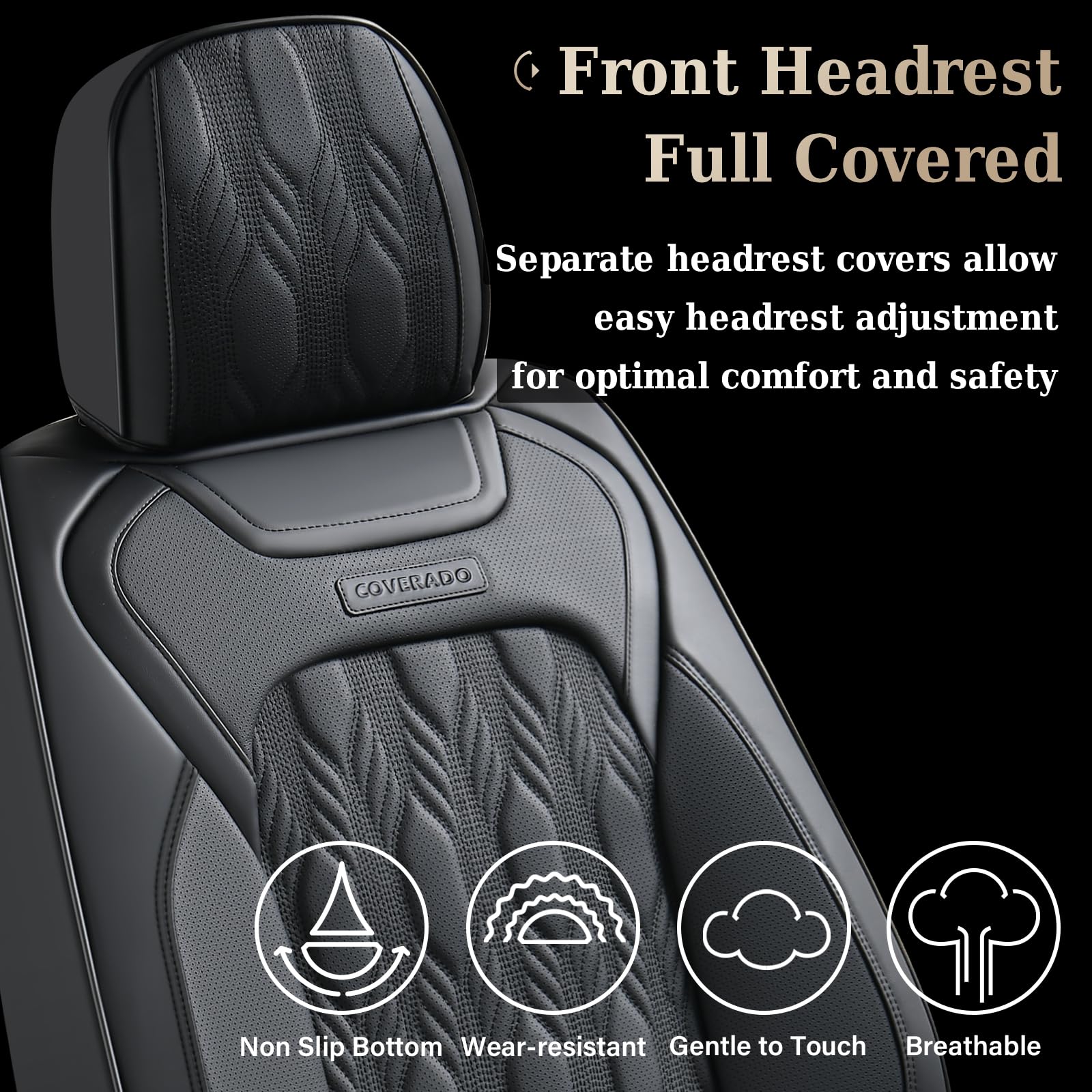 Coverado Car Seat Cover, Black Luxury Seat Cover For Cars, Premium Nappa Leather Seat Covers Full Set With Embossed Pattern, Wat